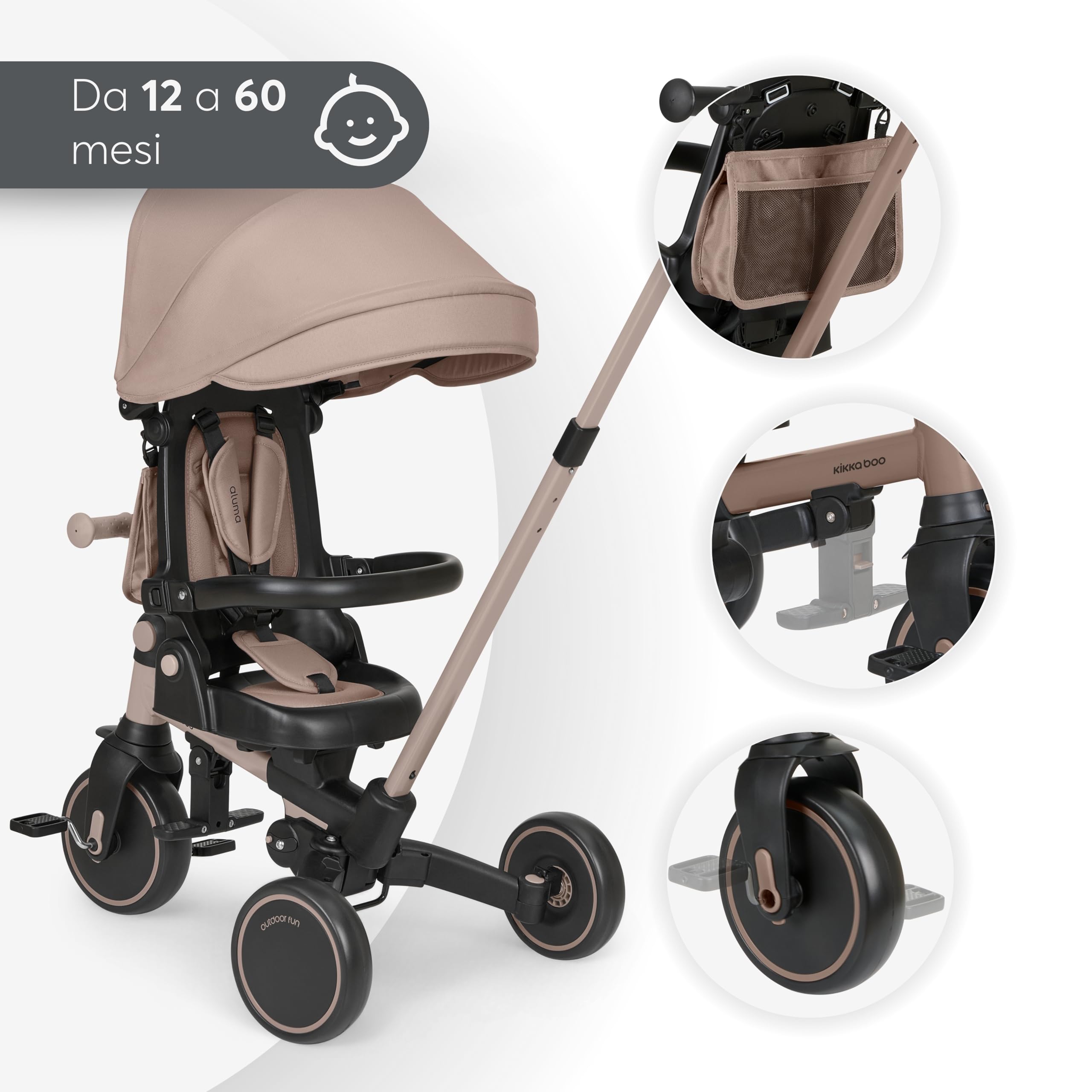 KikkaBoo Triciclo Evolutivo 8 in 1 ALUMA, da 12 Mesi a 5 Anni, Triciclo Passeggino Pieghevole con Maniglione per Genitori, Beige