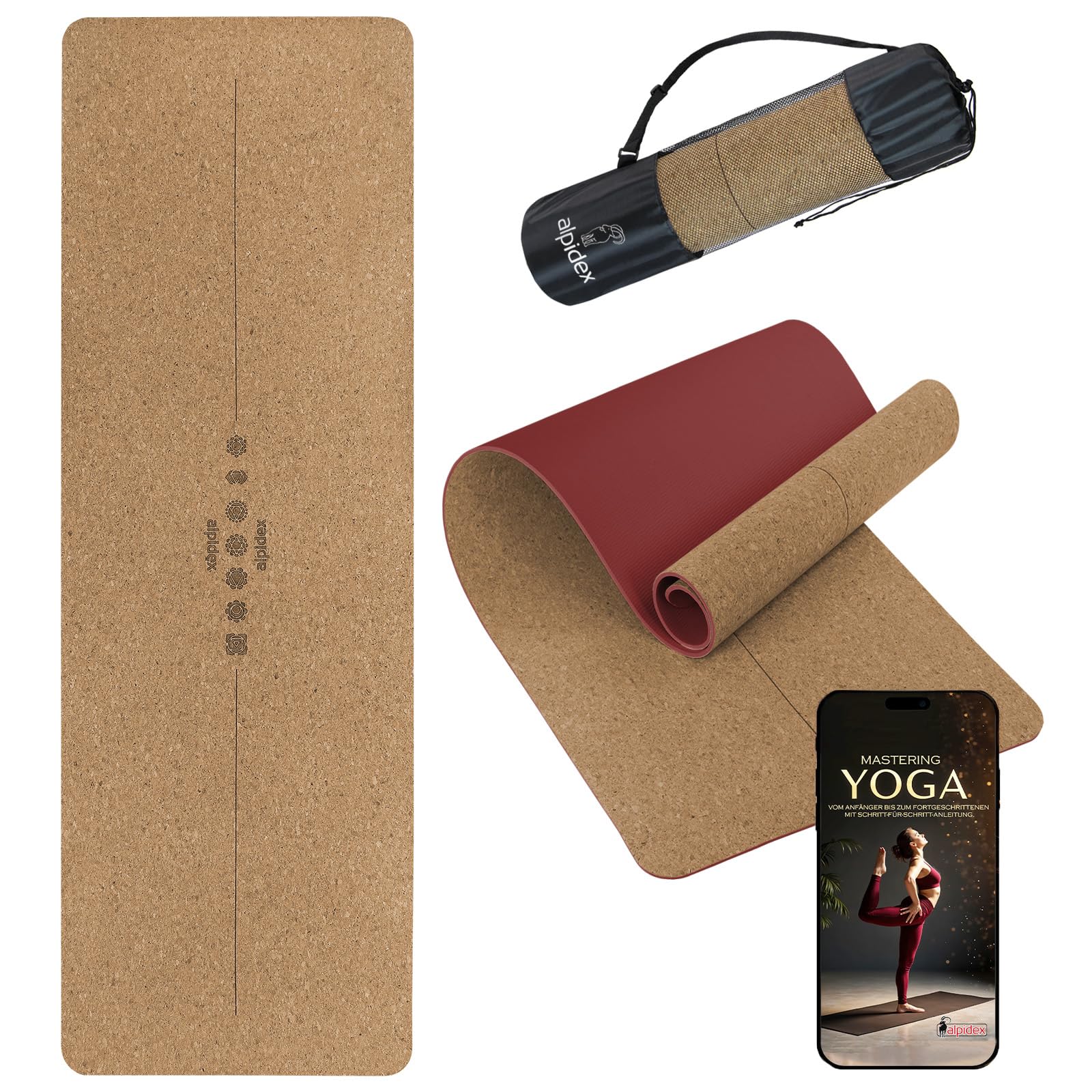 ALPIDEX Kork Yogamatte 183 x 61 x 0.6 cm E-Book Fitness Pilates Matte Schadstofffrei rutschfest Tragetasche Hilfslinien Natürlicher Kork Yoga Mat, Bordeaux