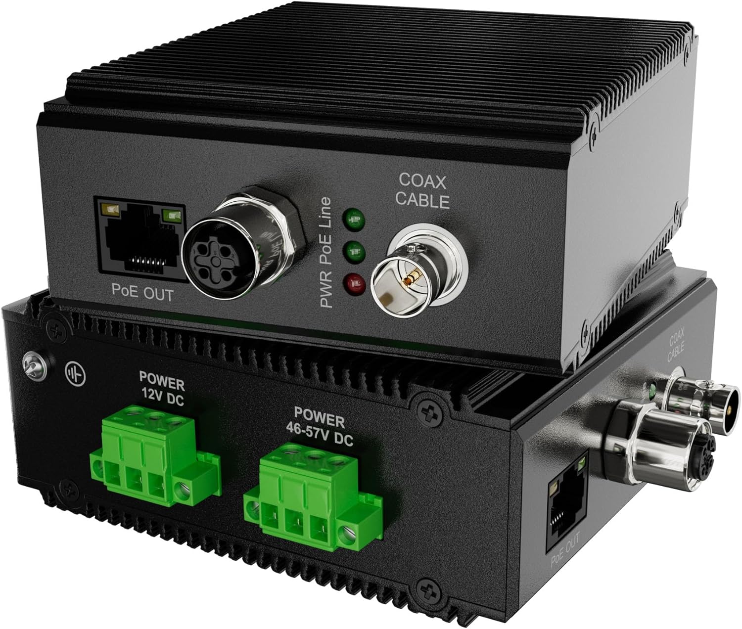 M12 + RJ-45 PoE Ethernet Booster LAN Extender | PoE-Powered Master or 48V DC Option | Coax / 2-Wire Uplink up to 500m PoE or 800m Data | DIN-Rail Mount | Star/Daisy-Chain/Point-to-Point