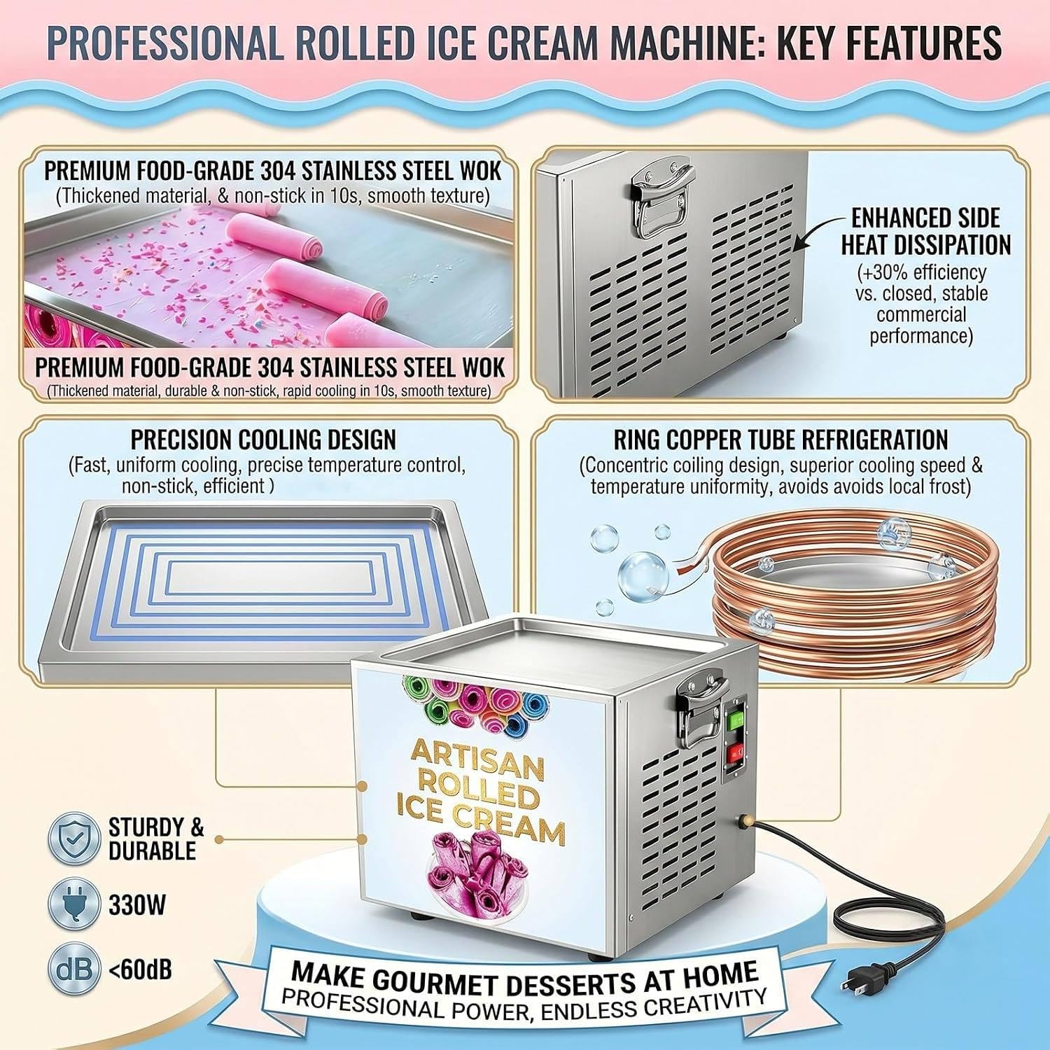Máquina para Hacer Helado Enrollado de Acero Inoxidable de 330 W | Diseño de refrigeración con tubo de cobre en forma de anillo, base antideslizante, para el hogar, tienda, 34 × 28 × 30 cm