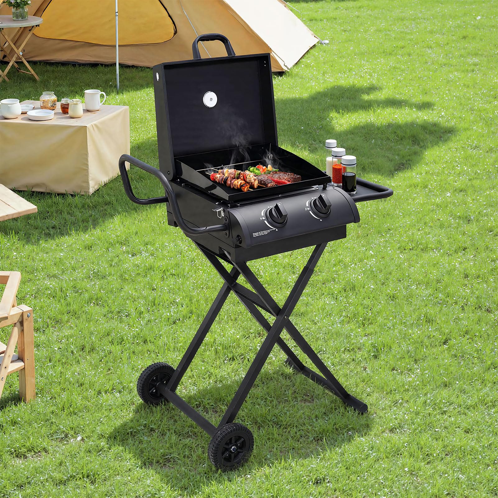 Warmiehomy Foldable Gas BBQ, 2 Burner Portable Gas BBQ Grill with Trolley, Folding Legs & Wheels, Side Table & Oil Drip Tray, Lid Thermometer Barbecue Stove for Camping Garden