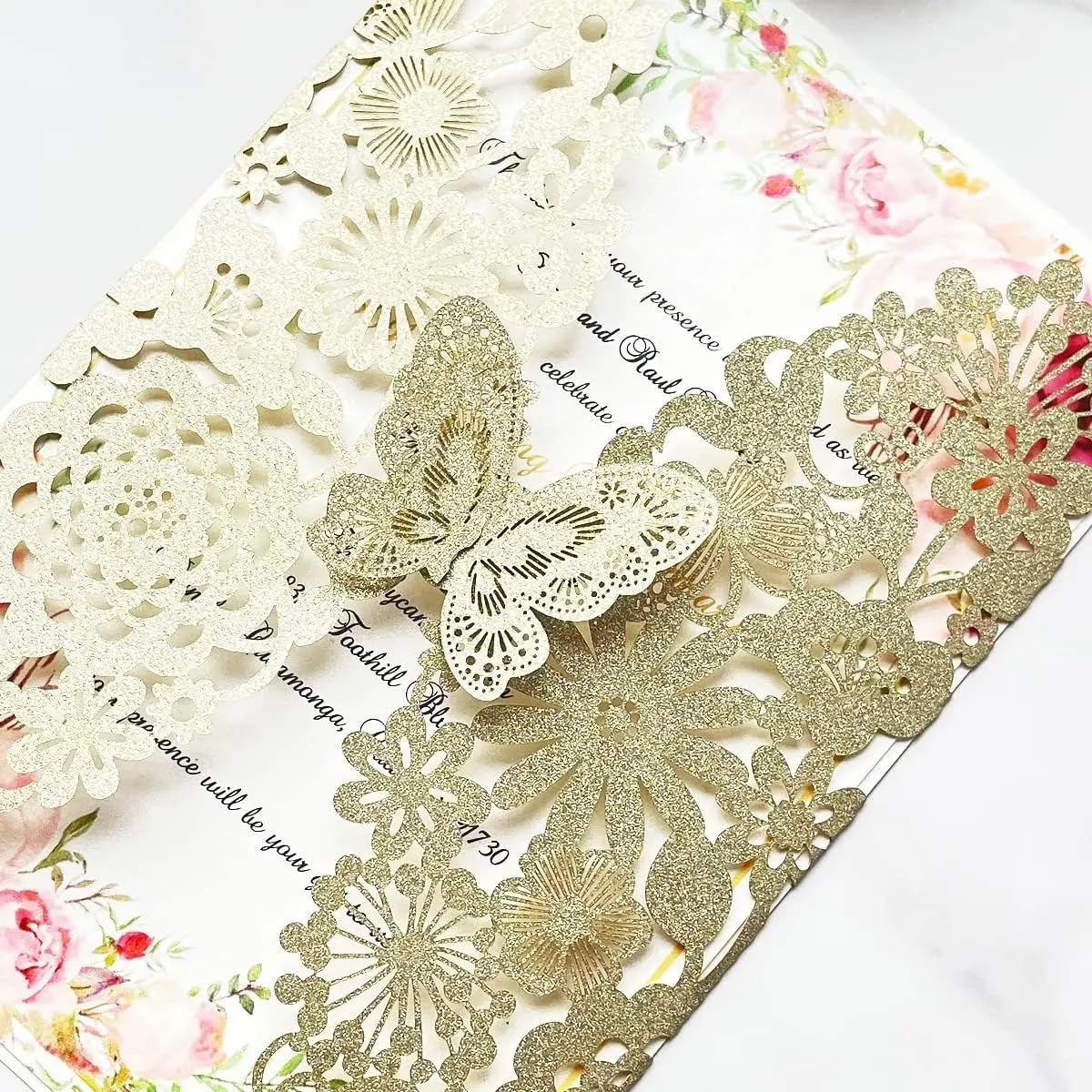Inviti Matrimonio 5,12 X 7,3'' 50 pezzi Champagne Flora biglietti d'invito for matrimonio con farfalla e buste(Champagne Glitter)
