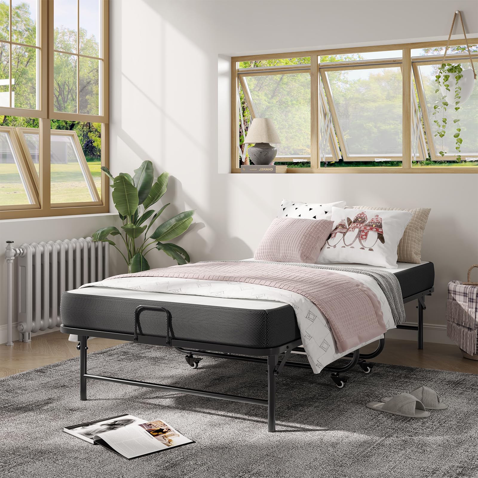 Brinlawb Brandina Pieghevole con Materasso Spesso 10 cm, 90 x 200 cm Letto Pieghevole Singolo con Materasso Letto per Ospiti con Struttura in Robusta Metallo e 4 Ruote Letto a Scomparsa, Fino a 200 kg