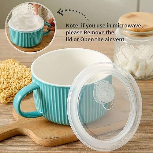 Miniatura 4 de Seyatoo Tazón de sopa de cerámica con tapa, taza de sopa con tapa de mano y hermética, taza de sopa grande para microondas para cereales, ensalada,