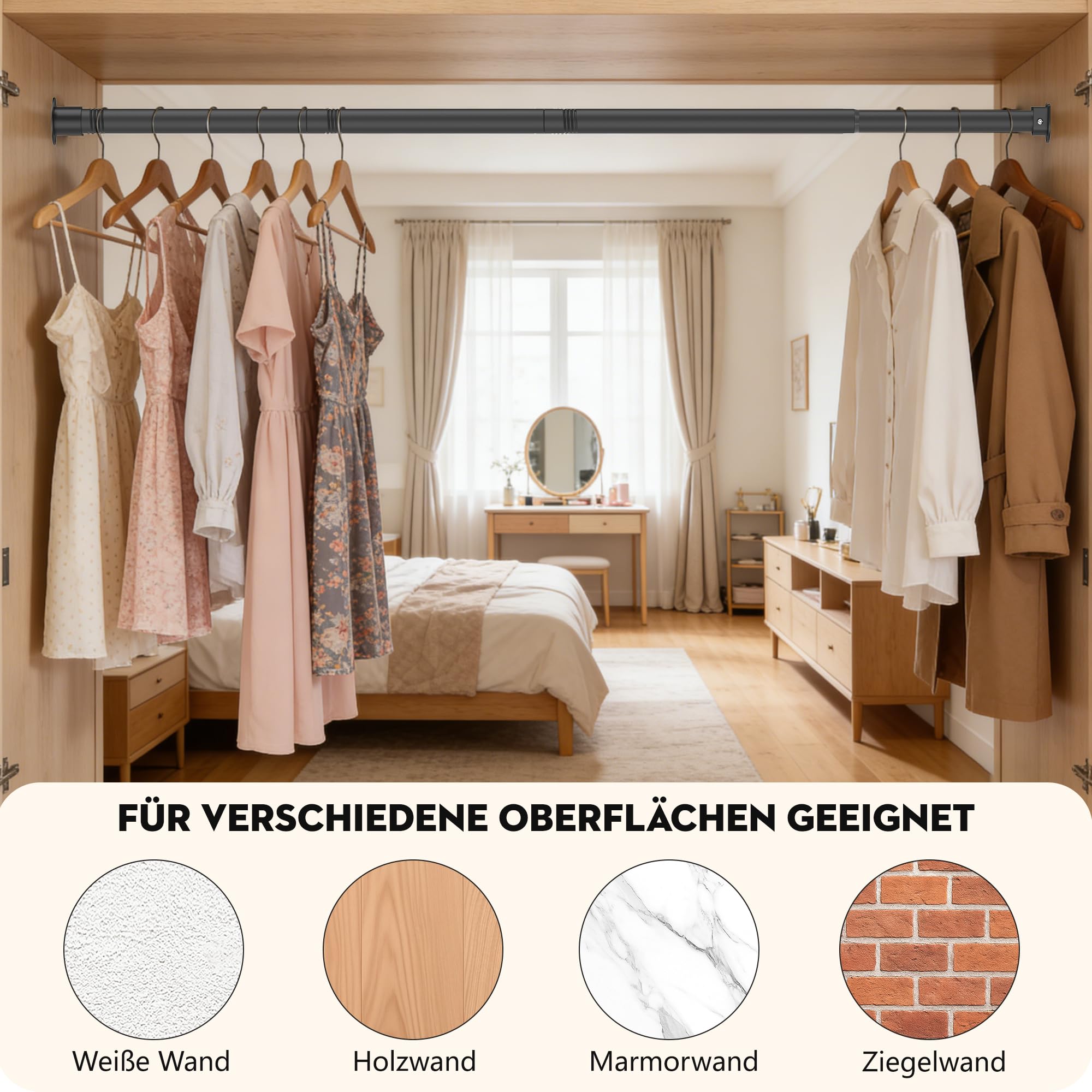 32mm Garderobenstange, Schwarze Schrank Teleskopstange,74-130cm Kleiderstange mit Metallhalterungen，1 Set Kleiderstange Wandmontage