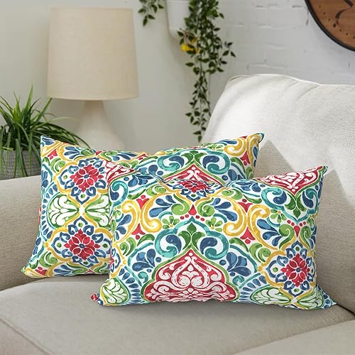 Miniatura 9 de DYTXIII Paquete de 2 almohadas impermeables para patio con rellenos, almohada decorativa cuadrada para exteriores para el hogar, sofá, banco y