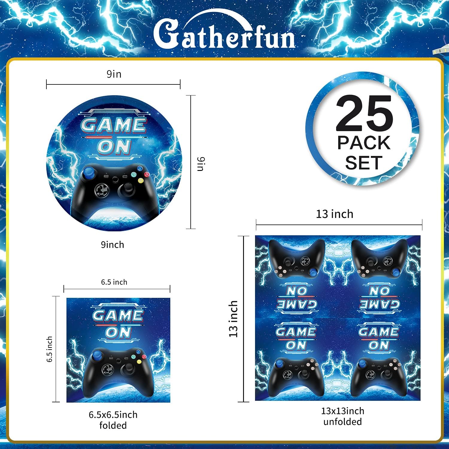 Gatherfun Video Game Party Supplies Disposable Paper Plates and Paper Napkins for Gamer Birthday Party Decorations for Boys Adults, Serve 25, Blue : Toys & Games