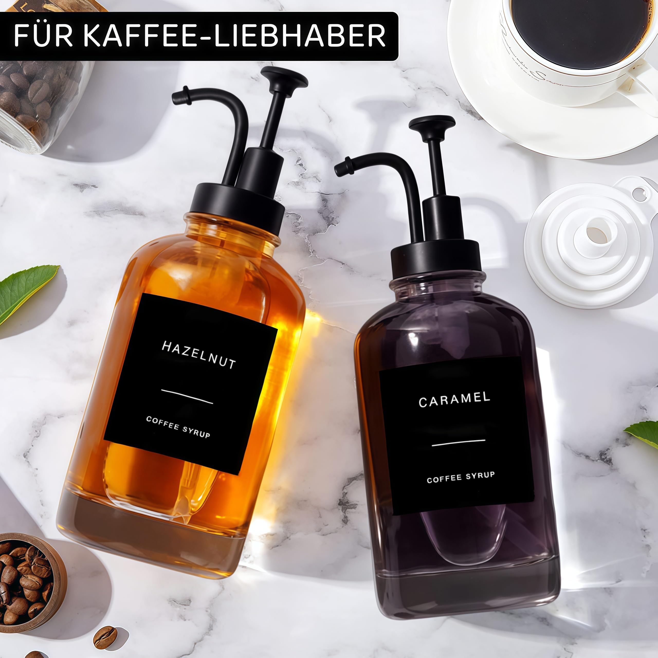 BIKALAN Lot de 2 distributeurs de sirop de café, distributeur de sirop de café, pompe à sirop, distributeur de sirop avec 36 autocollants, entonnoir, 500 ml