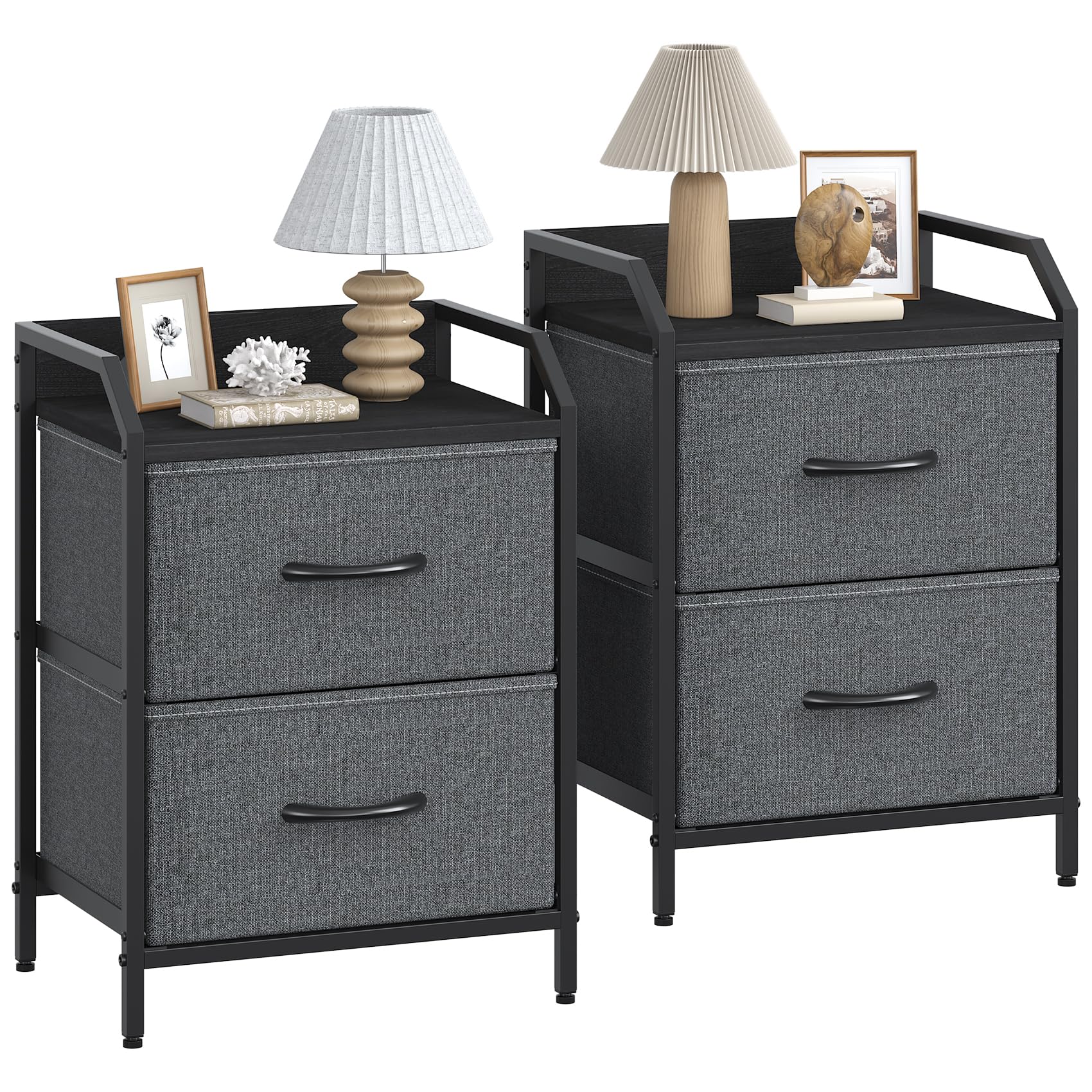 GoaHi Bedside Tables, Bedside Cabinets Set of 2, Nightstand With Large Capacity Fabric Bedside Drawers, Metal Frame With Wooden Top, 2 Drawer Storage Bed Side Table For Bedroom, Deep Grey