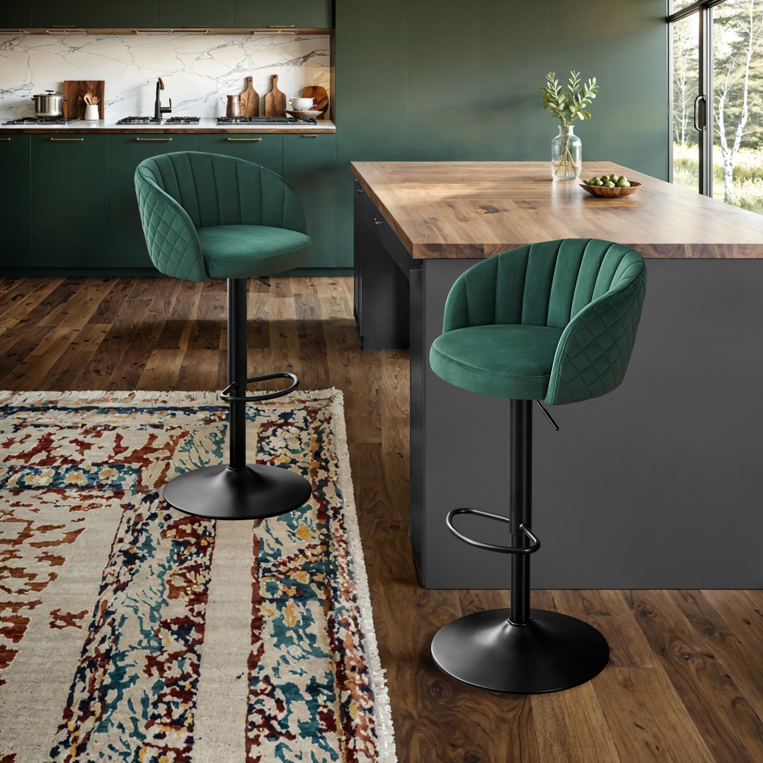 STOOLINK Sgabelli da Bar Set di 2, Sedia da Bar Tessuto Velluto al Latte, Sgabello Alto con Schienale e Bracciolo, Sgabello da Bar Regolabile, Sgabello Cucina Girevole a 360° con Poggiapiedi - Verde