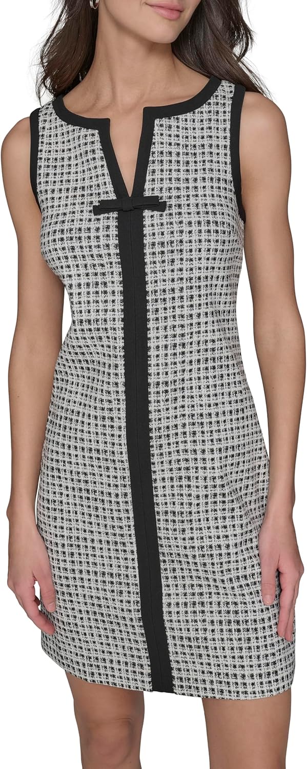 Karl Lagerfeld Womens Sleeveless Split Neck Contrast Trim A-line Mini Dress with Bow Detail