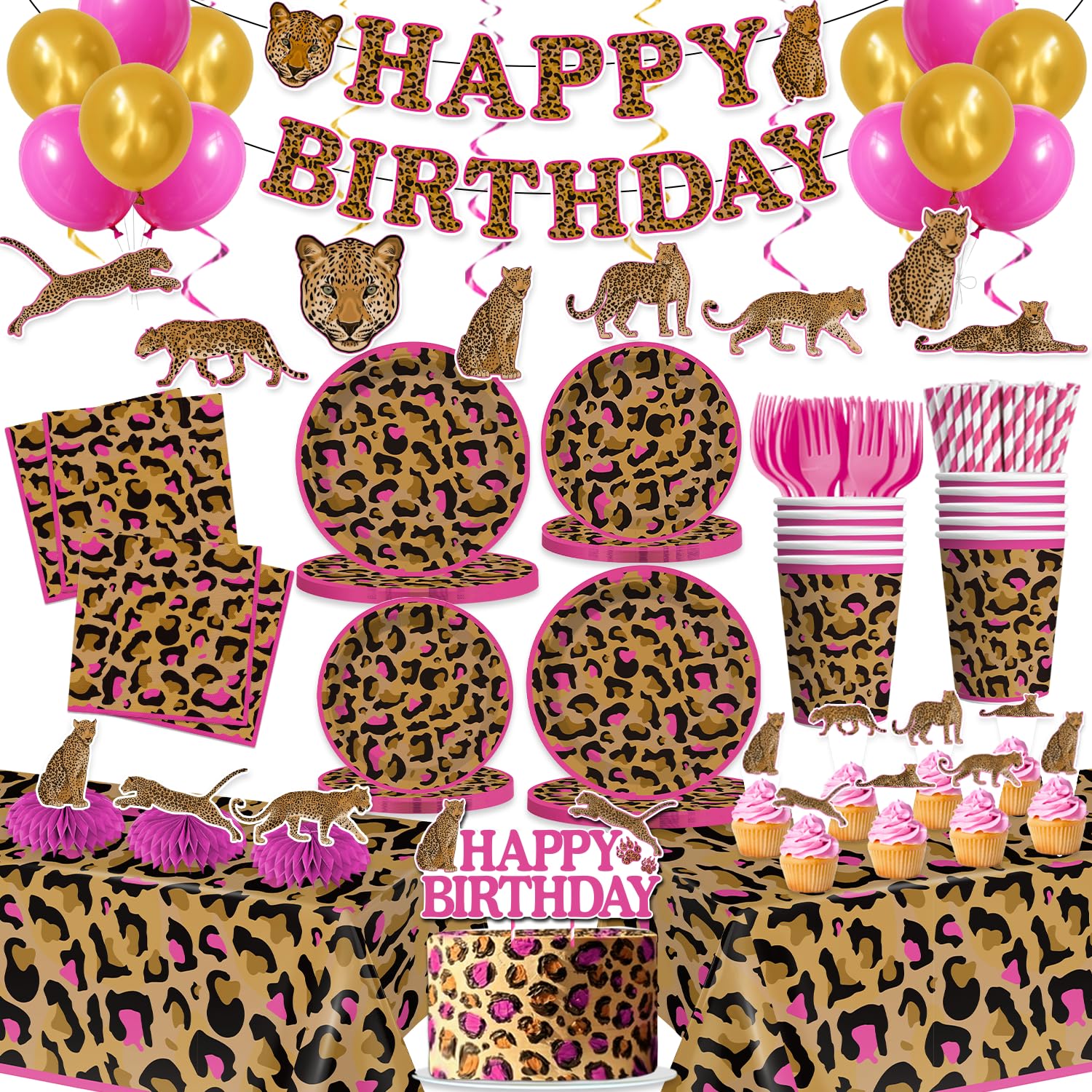 cocomigo 193pcs Cheetah Birthday Decorations Tableware Set, Serves 25 Guests, Cheetah Print Birthday Decorations includes 300 gsm Plates, Balloons,