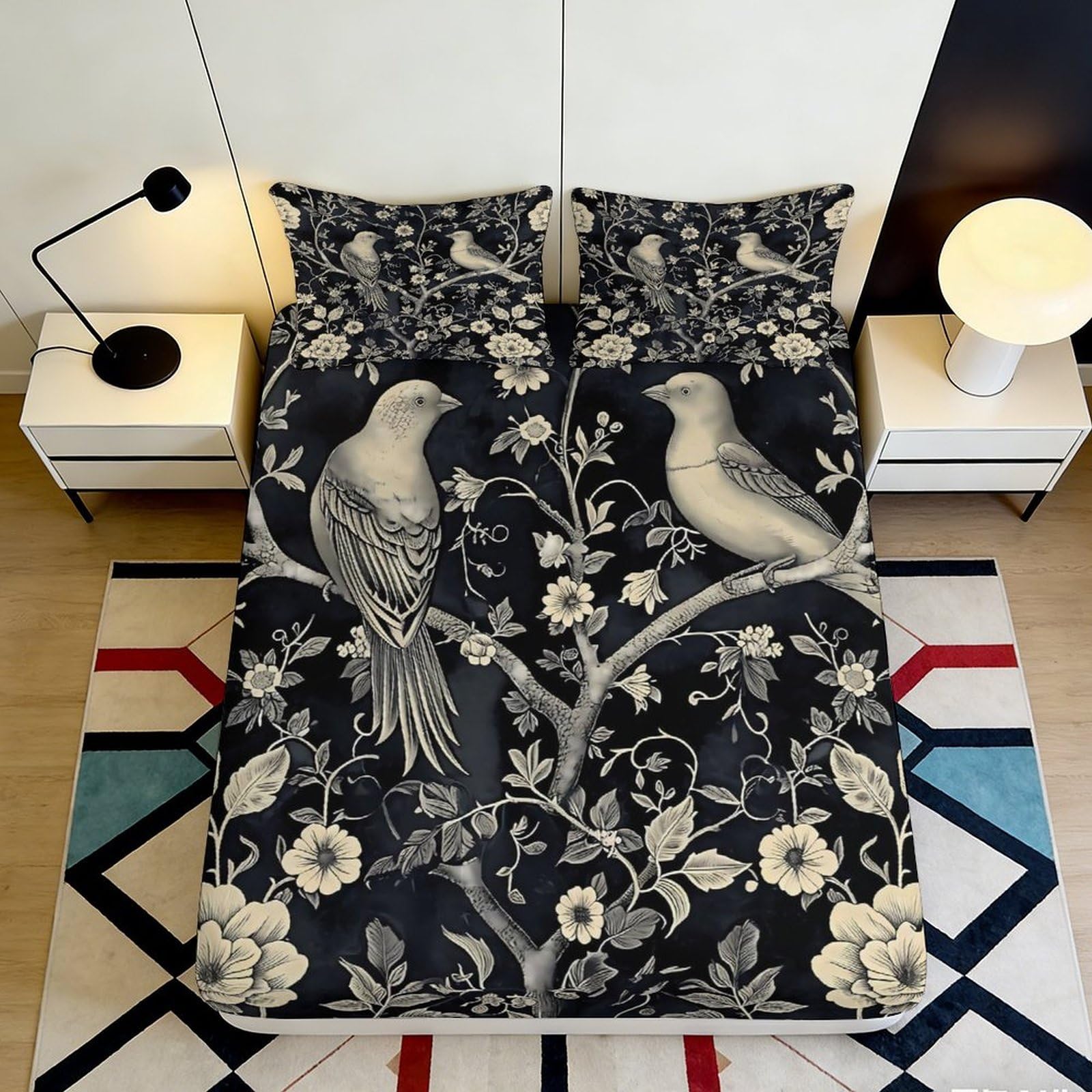 3D Printed Botanical Birds Fitted Sheet Microfiber Deep Pocket Non-Slip Bedroom Bedding Floral Mattress Fitted Cover for Adult Teen 90x200x25cm