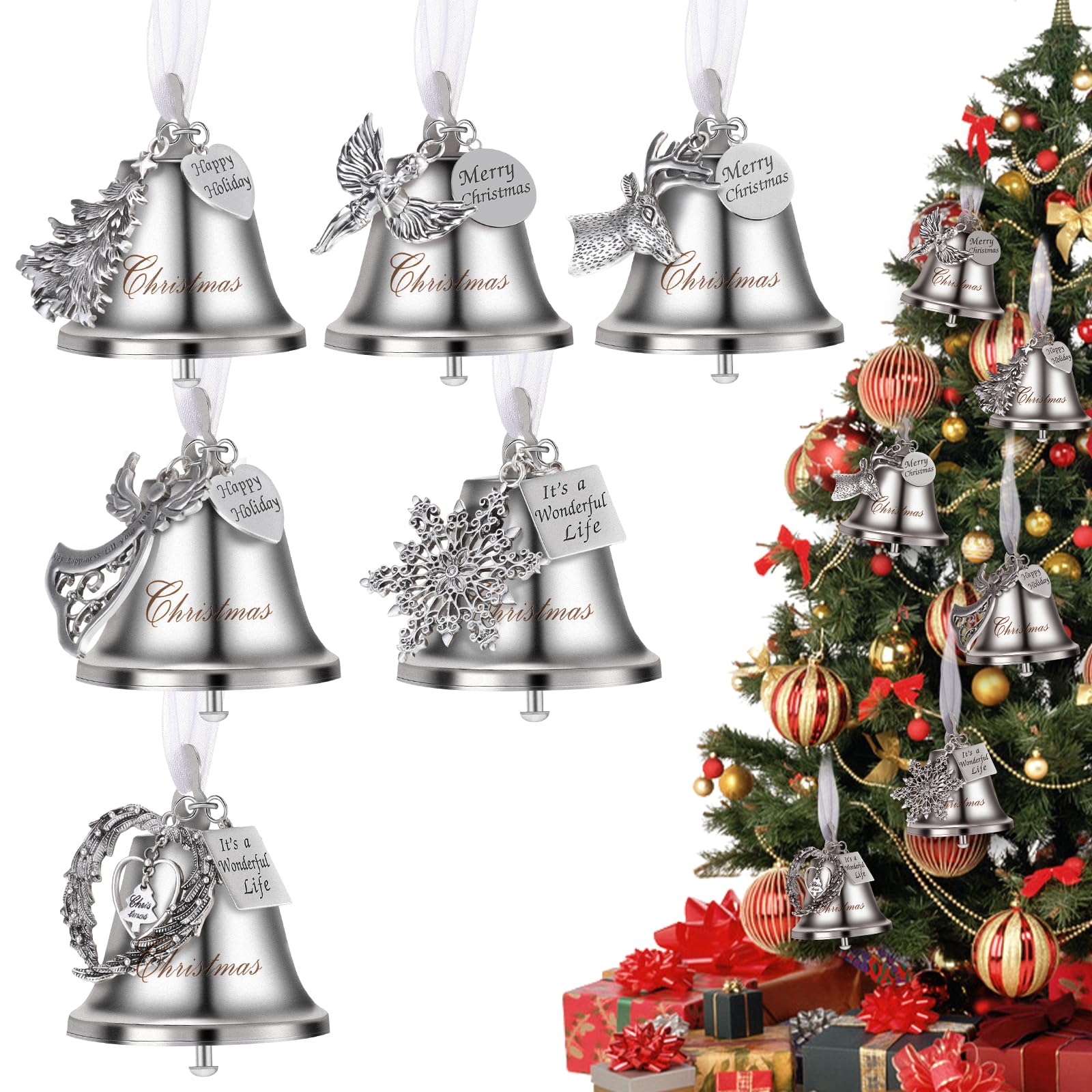 Jenaai 12 Set Christmas Bell Ornament Christmas Tree Hanging Ornament Best Wishes Bell Decorations with Ribbons Snowflake Angels Heart Deer Pendants(Silver)