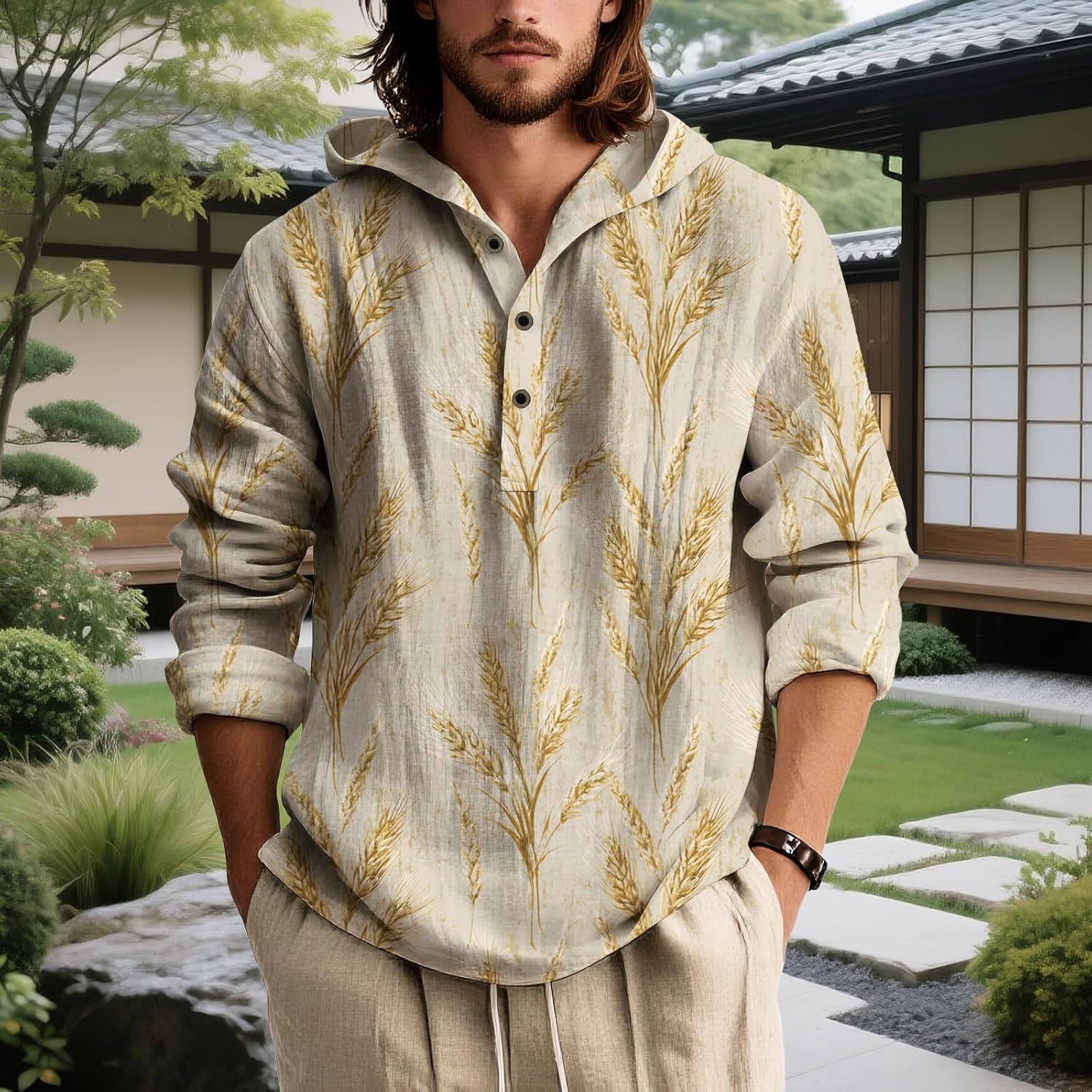 Mens Hooded Floral Button Down Shirt Long Sleeve Lightweight Relaxed Fit Nature Inspired Top for Spring - Image 4