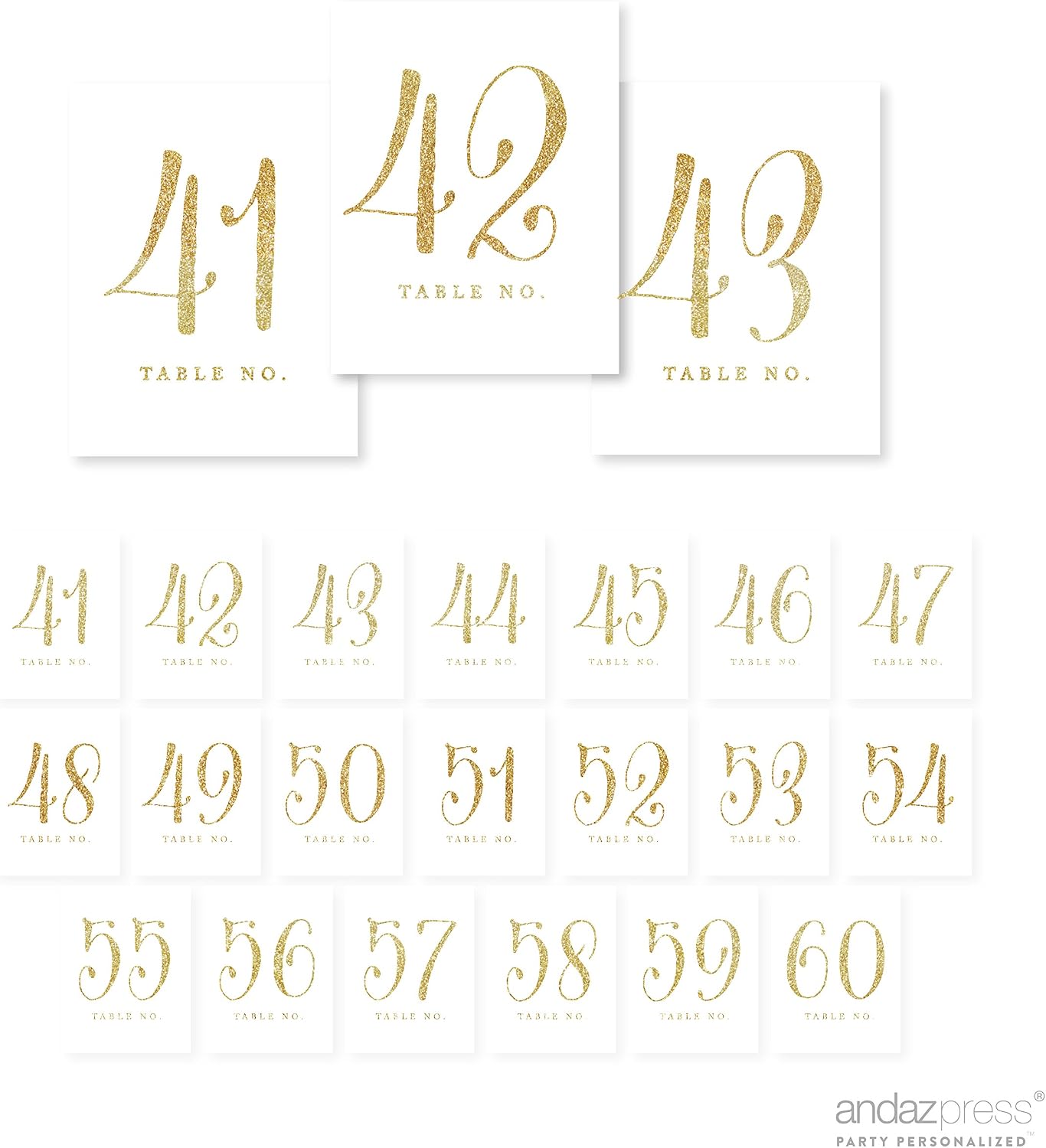 Andaz Press Gold Glitter Print Table Numbers 41-60, 4x6-Inches, Perfect for Wedding Reception, Restaurant, Classroom, Boda