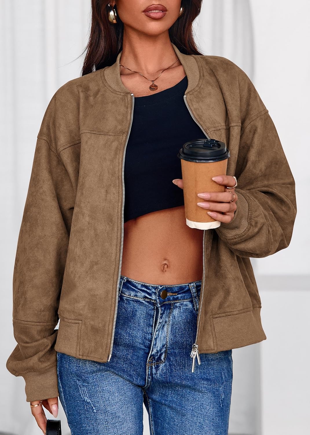 Lazysmile Women's Faux Suede Bomber Jackets Fall Fashion Outfits Winter Clothes Stand Collar Zip Up Coats Outwear - Image 3