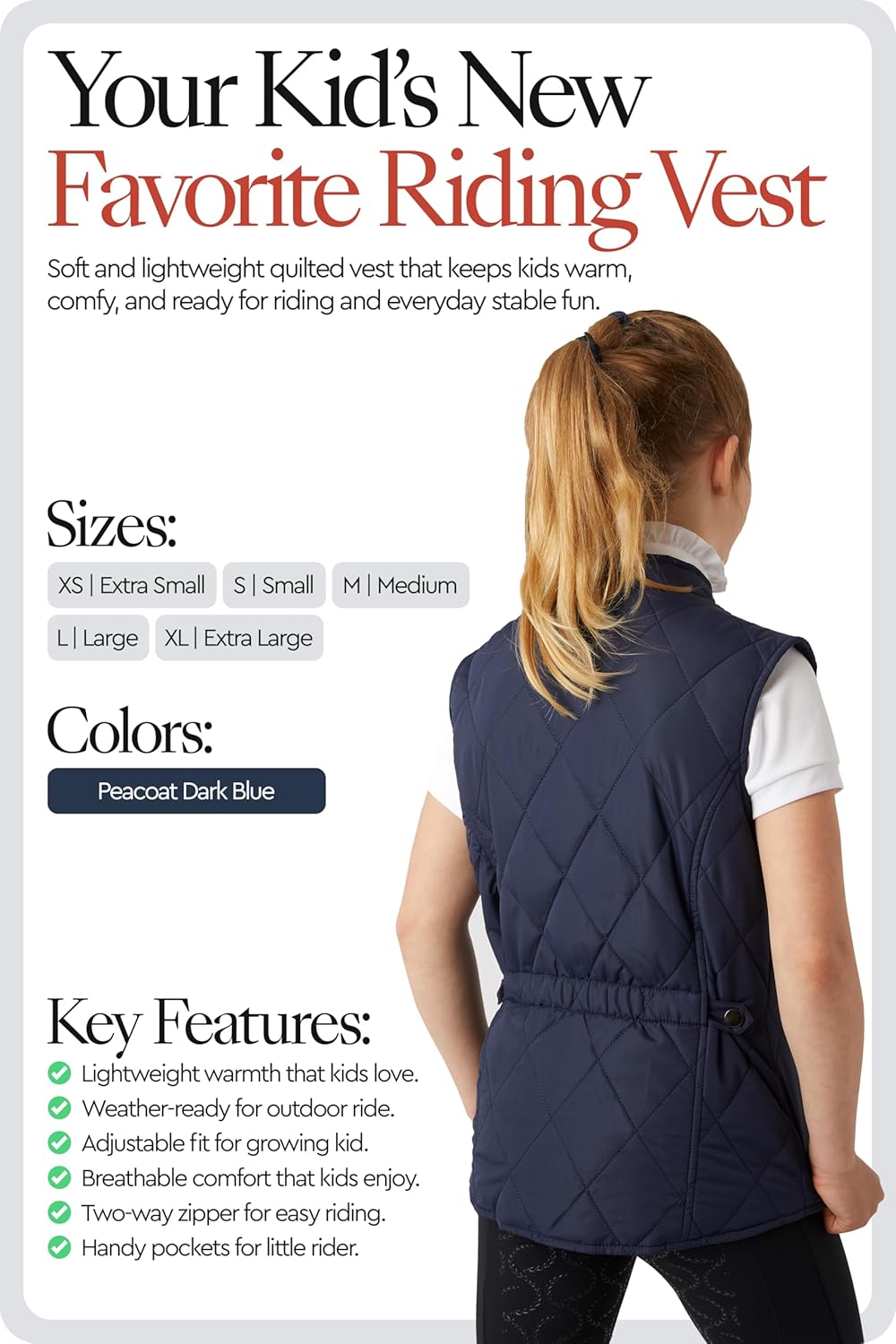 HORZE Kid's Unisex Quilted Softshell Lightweight Windproof Equestrian Riding Vest | Size Chart in Image - Image 2