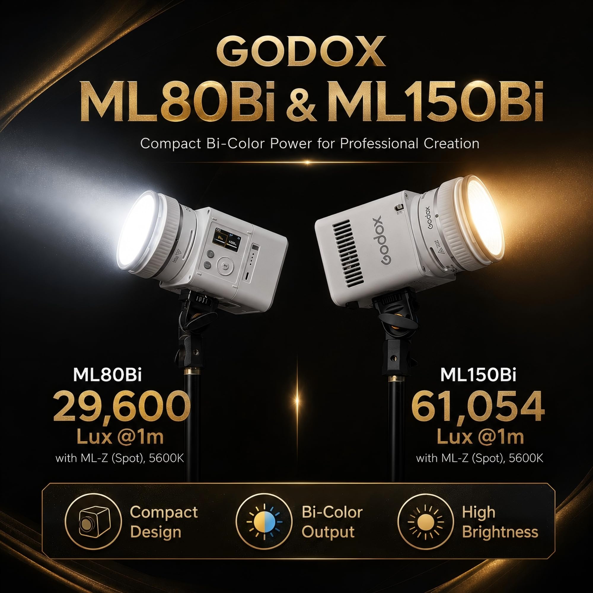 Godox ML150Bi Bi-Color Lampa Wideo LED, Jasność 61054Lux/1m, 2800K-6500K, CRI96+ TLCI96+, Mocowanie Godox, Sterowanie Aplikacją i NFC, Kompaktowe Ciągłe Oświetlenie do Studia i Pleneru (Bez Baterii)