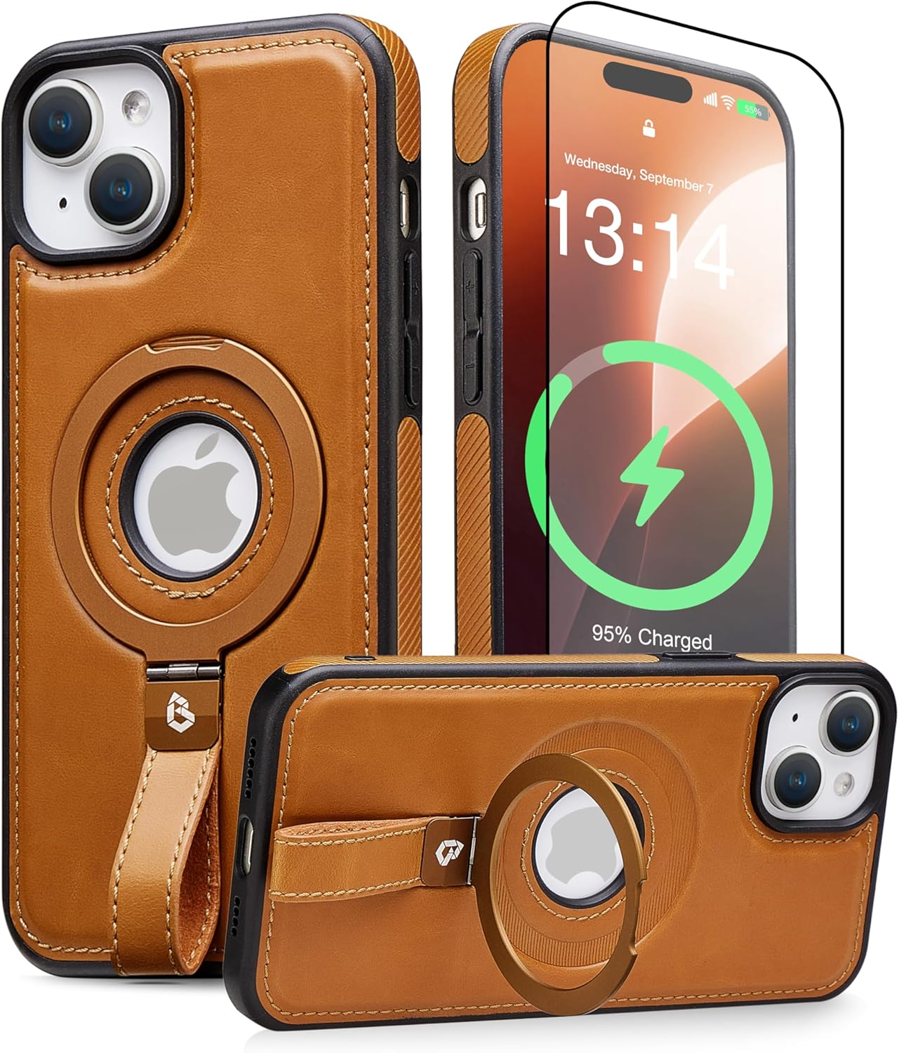 for iPhone 15 Plus/iPhone 14 Plus Leather Case with Stand, Anti-Slip Grip Ring, Fits for MagSafe (Brown, IP15/14 Plus-6.7inch)