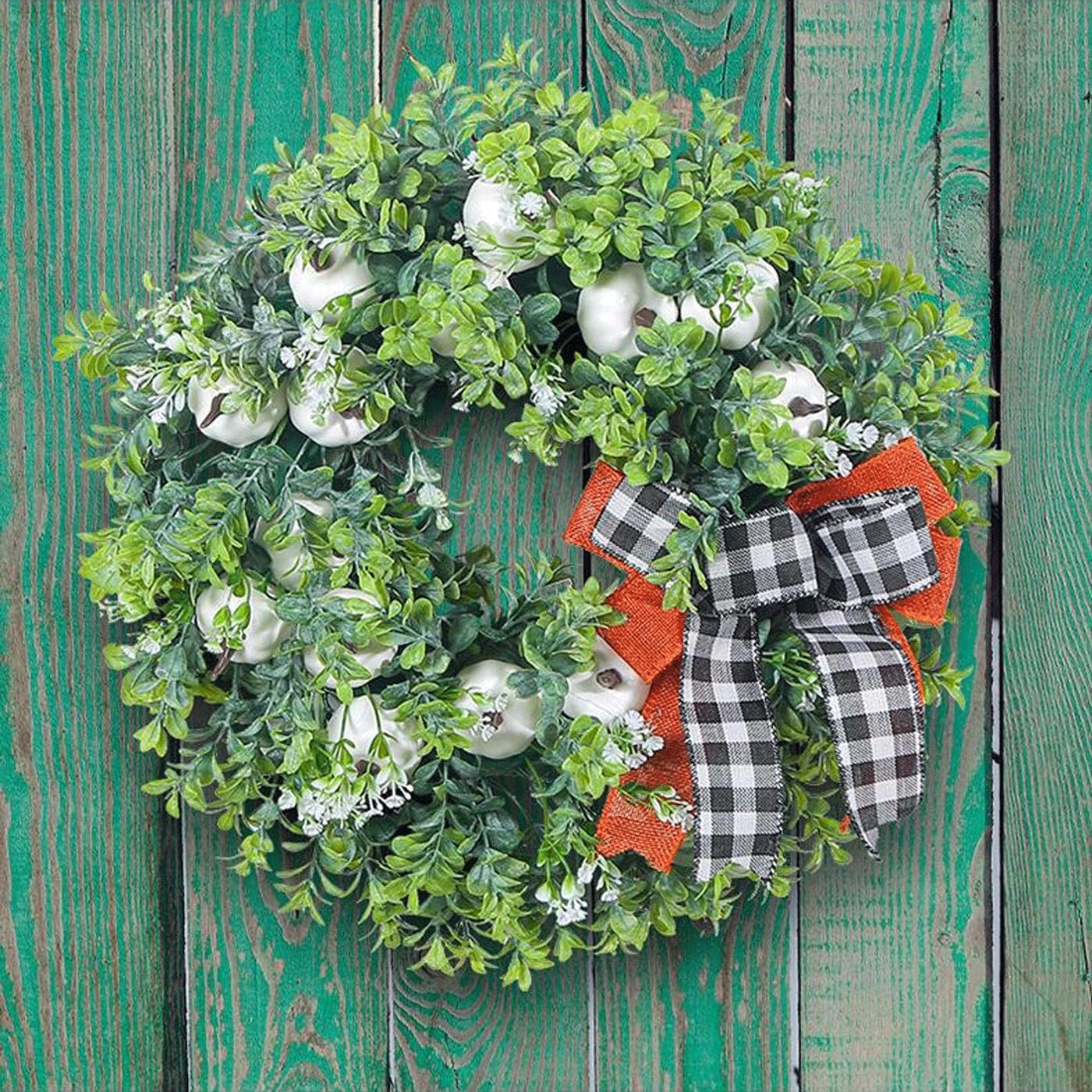 Ghirlanda di benvenuto per porta d'ingresso, in plastica verde, 40,6 x 40,6 cm, ghirlanda primaverile ed estiva per porta d'ingresso o finestra, decorazione da parete