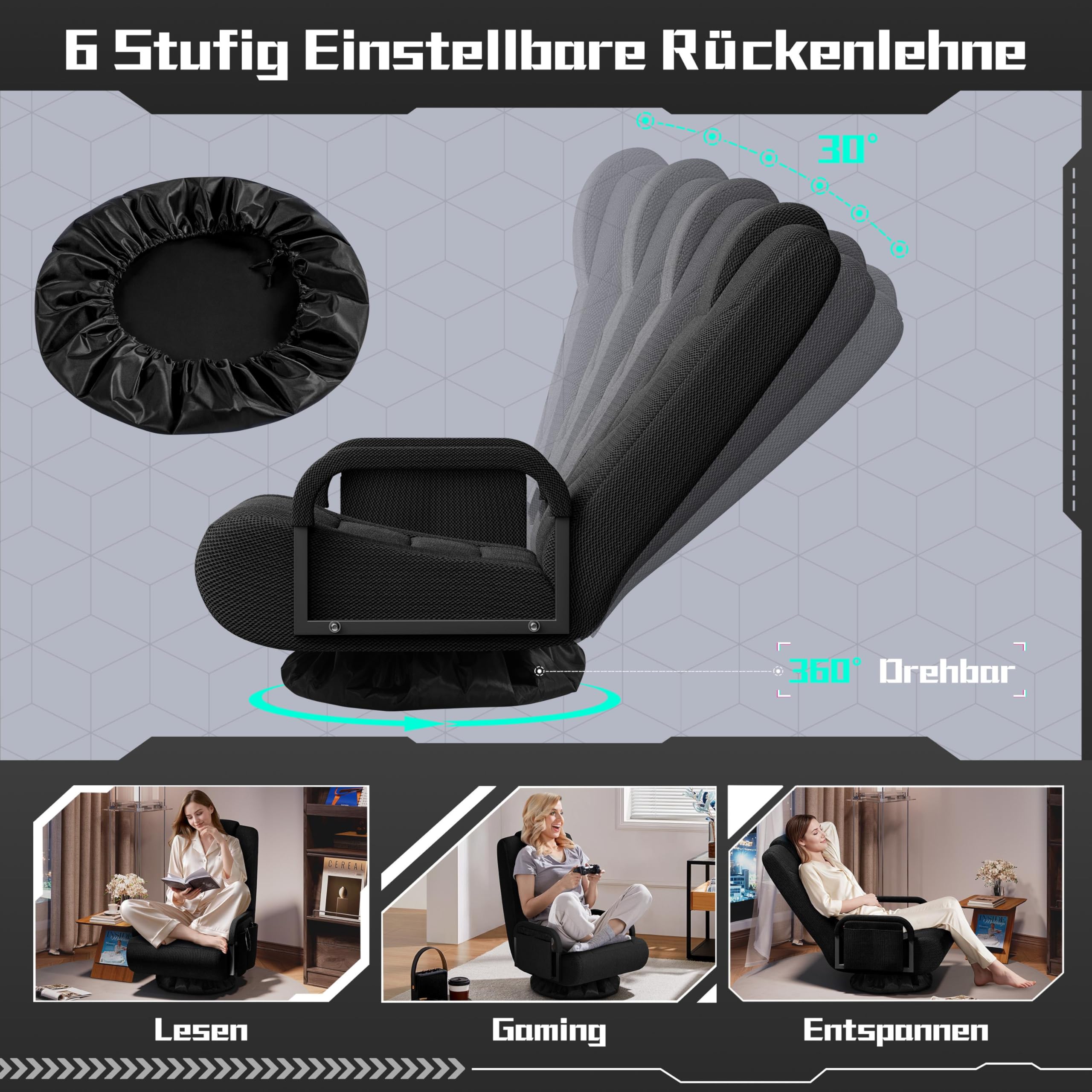 Yaheetech Krzesło podłogowe, obracane o 360°, fotel podłogowy, 6-stopniowa regulacja, krzesło gamingowe z podłokietnikami i praktyczną torbą, sofa podłogowa do salonu/sypialni / biura, kolor czarny