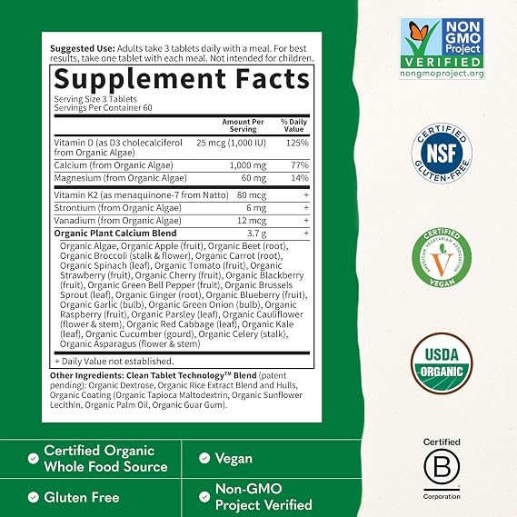 Garden of Life Organics Plant Calcium Supplement, 180ct | Magnesium & Vitamin D3 K2, Made from Whole Foods, Gluten-Free