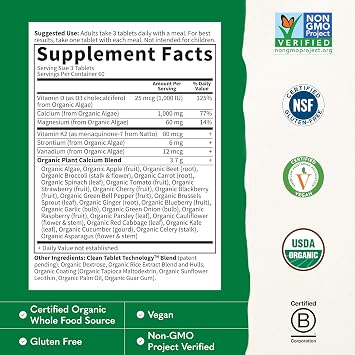 Garden of Life Organics Plant Calcium Supplement, 180ct | Magnesium & Vitamin D3 K2, Made from Whole Foods, Gluten-Free