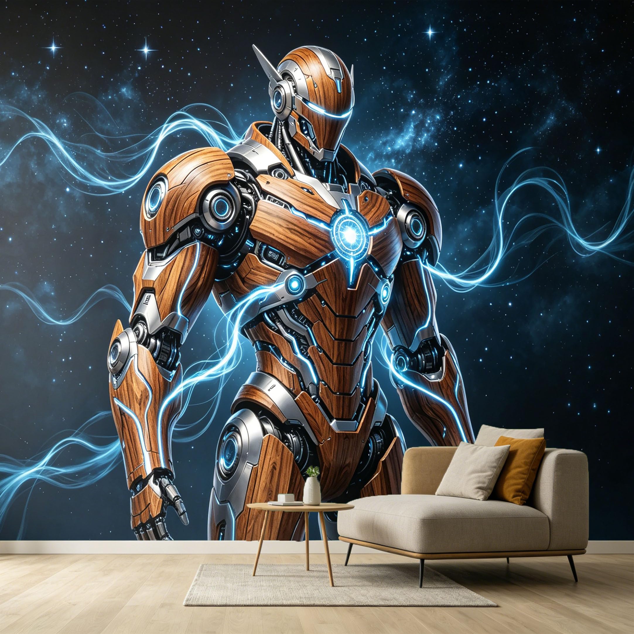 Custom Size Wall Murals Futuristic Robot Wooden Texture SciFi Space Concept 3D Modern SelfAdhesive Wall Fabric Removable Large Wallpaper for Photo Living Room