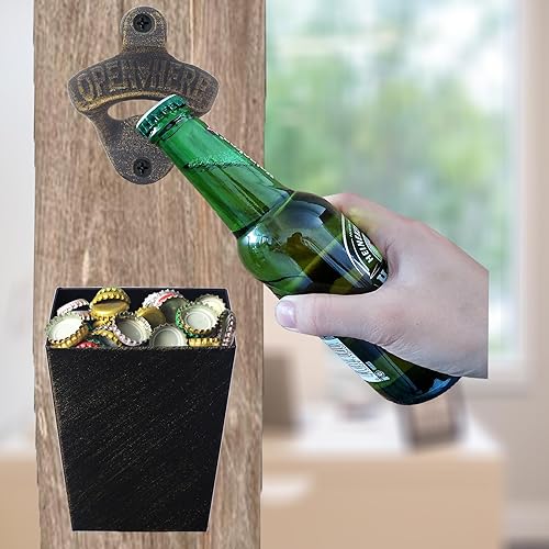 Miniatura 4 de Abrebotellas de hierro fundido de bronce antiguo, abridor de cerveza montado en la pared con colector de tapas paquete estrecho