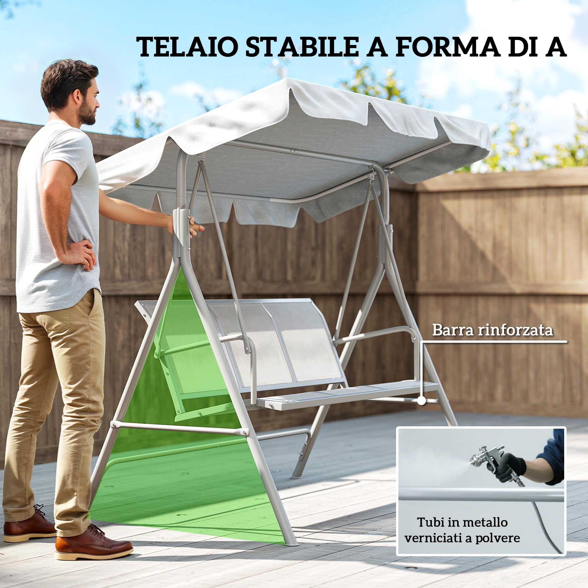 Outsunny Dondolo da Giardino 3 Posti con Tettuccio Parasole Regolabile Rimovibile, Dondolo da Esterno con Seduta Traspirante in Poliestere, Portata 240 kg, 171x108x154 cm, Grigio Chiaro