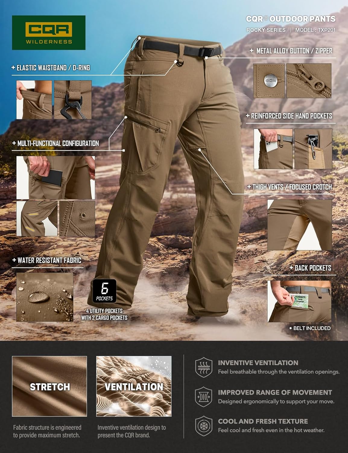 CQR Men's Quick Dry Tactical Pants, Water Resistant Outdoor Pants, Lightweight Stretch Cargo Work Hiking Pants - Image 5