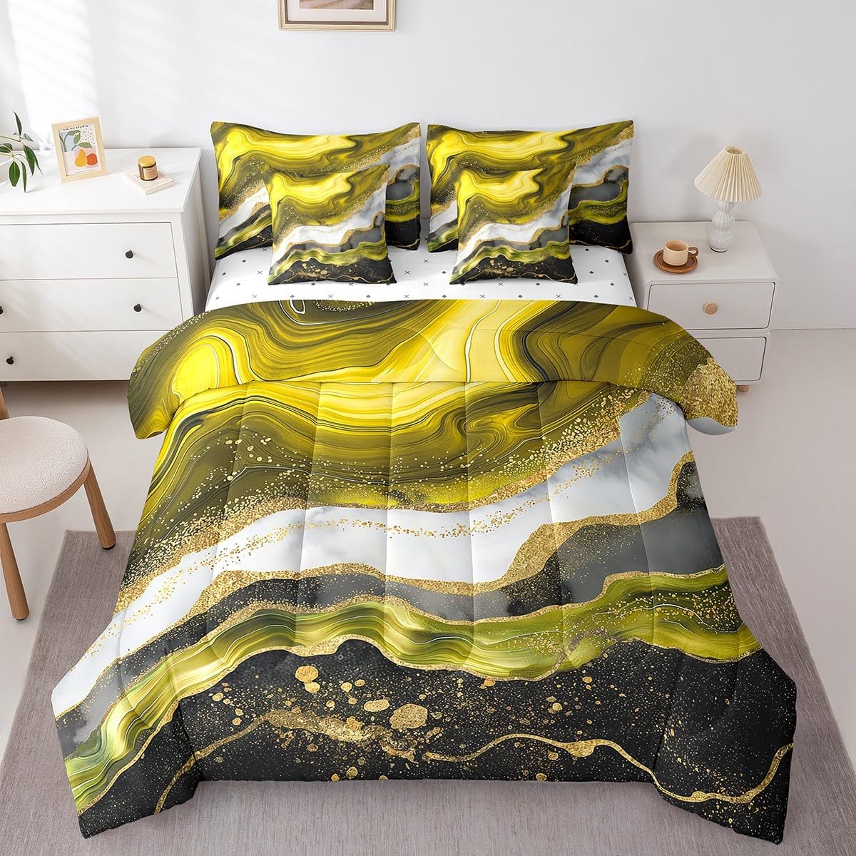Blue Marble Bedding Comforter Sets 7 Pieces Teal Marbling Bed in a Bag, Abstract Aesthetic Twin Bedding Sets Watercolor Stone Pattern Comforter Set, Gold Metallic Sequins Bedding Sets & Collections