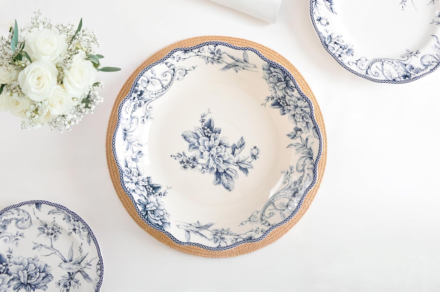 222 Fifth Adelaide Blue Extra Large Serving Bowl, 106.5 oz, 12.6" Porcelain Serve Bowls for Pasta, Salad, Fruits & Family Meals, Big Ceramic White Bowls for Entertaining, Dishwasher & Microwave Safe