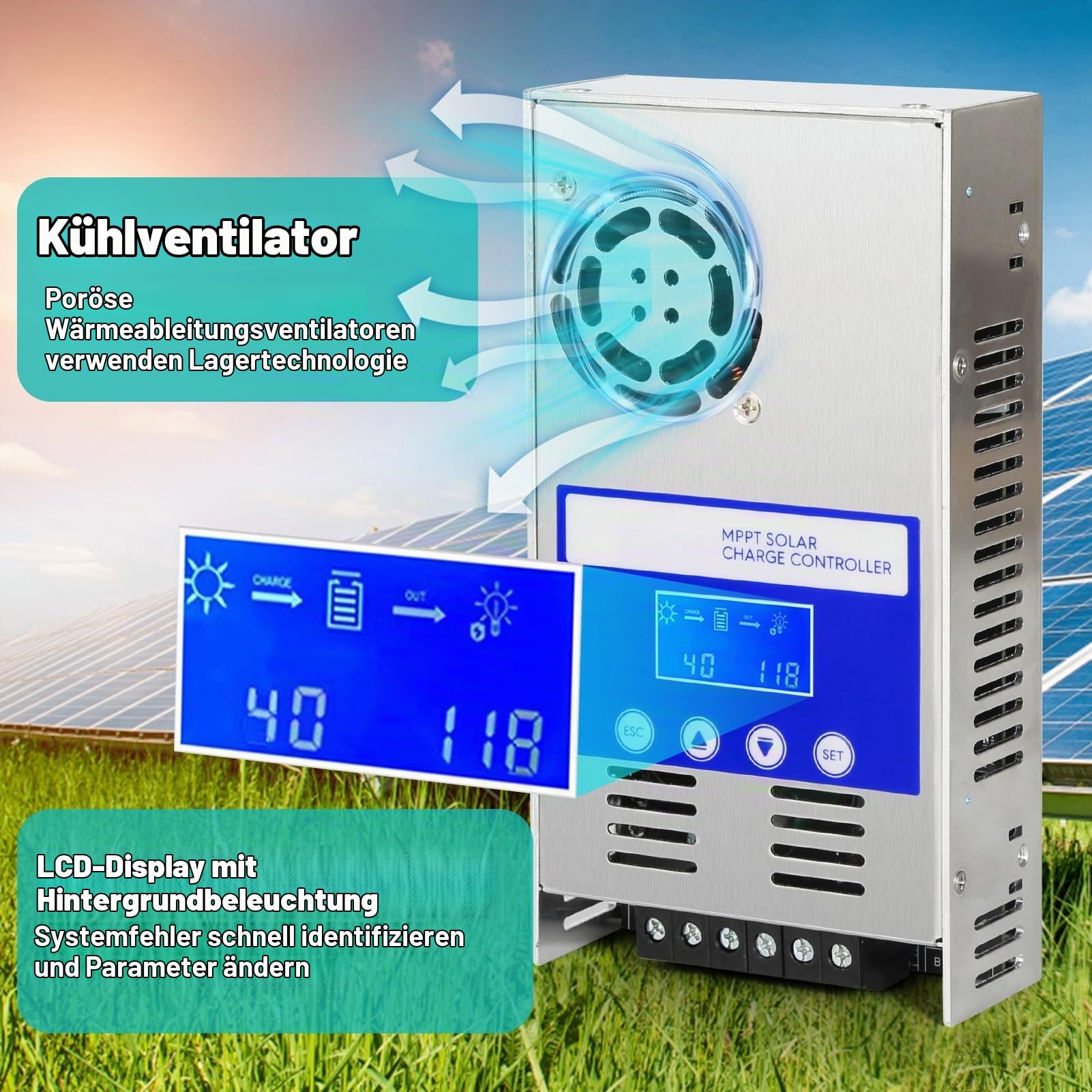 Jadeshay Solar Laderegler 60A MPPT Laderegler 12V/24V/36V/48V Automatische Erkennung PV Solarpanel Regler mit LCD-Hintergrundbeleuchtung