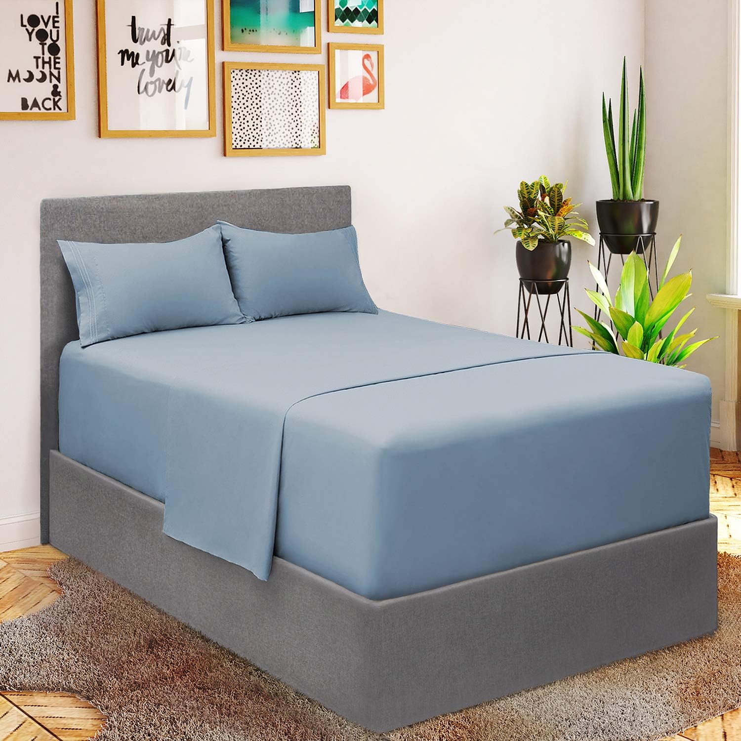MellanniExtra Deep Pocket King Size Sheets - 4 Piece Iconic Collection Bedding Sheets & Pillowcases - Hotel Luxury, Ultra Soft, Cooling Bed Sheets - Extra Deep Pocket up to 21" (King, Blue Hydrangea)