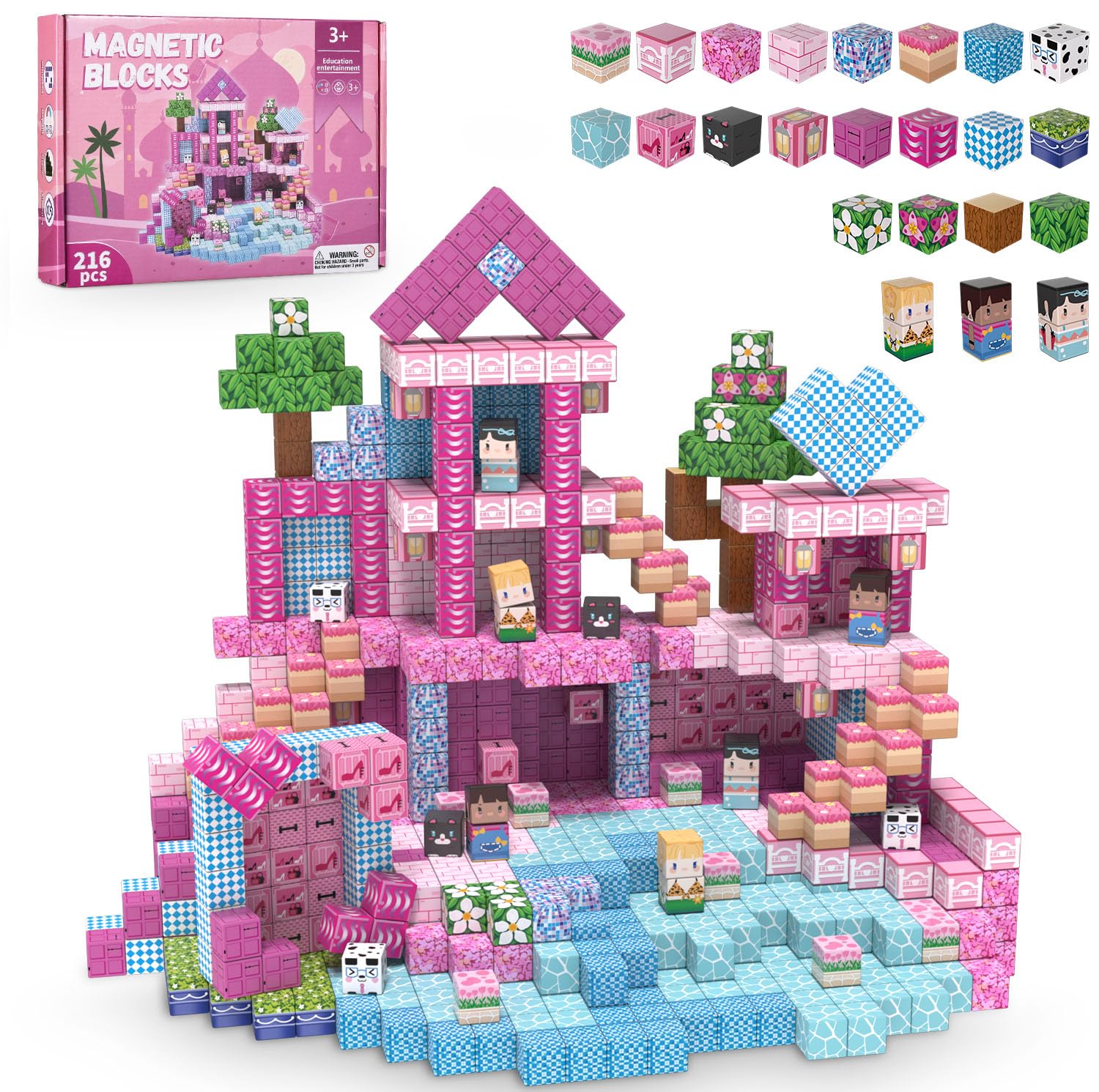 ADAH 216PCS Magnetic Building Blocks for Girls, Pink Princess STEM Toys for Ages 4-8, Creative Educational Building Toys for 3-6 Year Olds, Magic Blocks for Kids