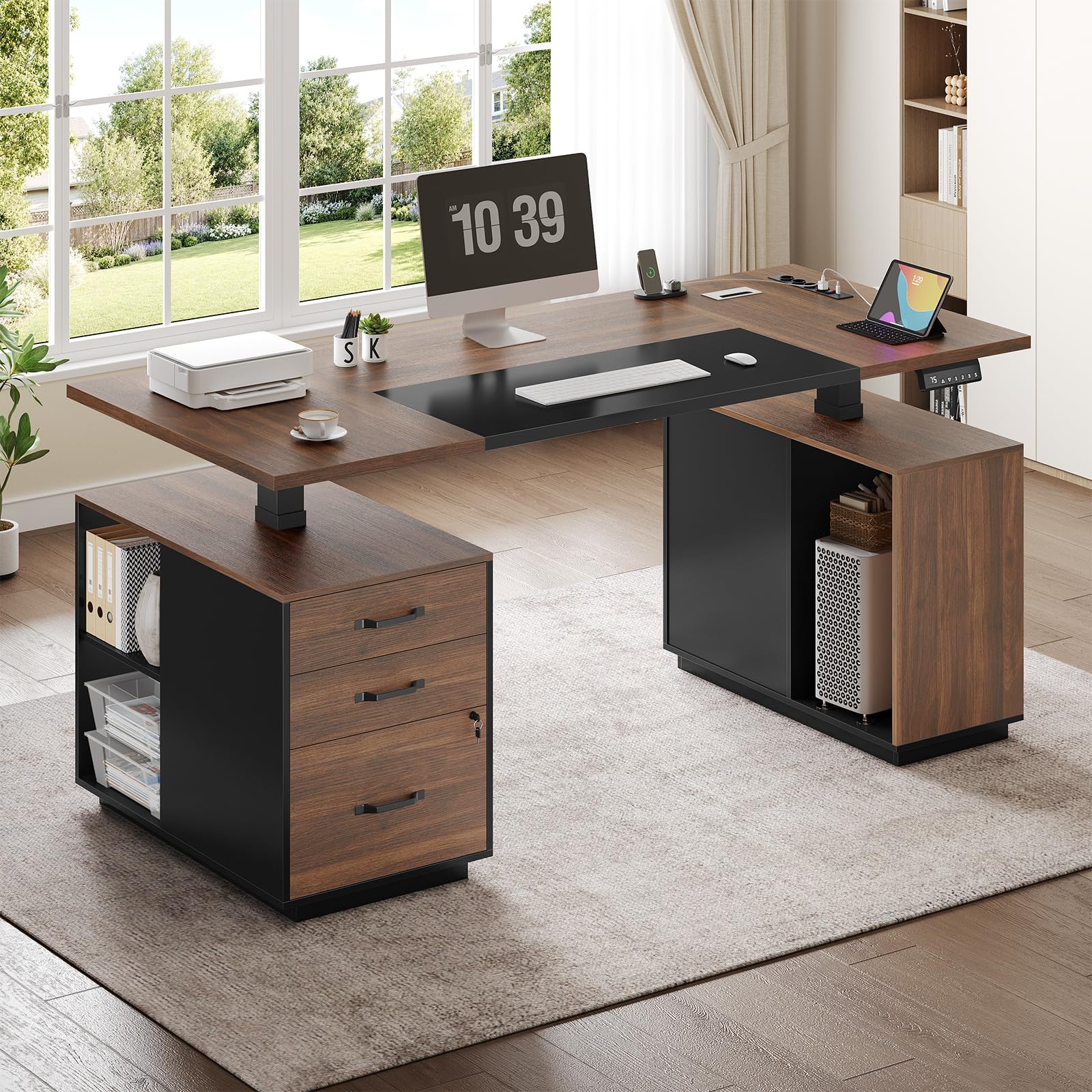 KIMENICH Höhenverstellbarer Schreibtisch elektrisch 140x70 cm, Computertisch mit Schubladen, offene Fächer, Ladefunktion, Stehtisch, Bürotisch, Memory-Funktion, Schwarz