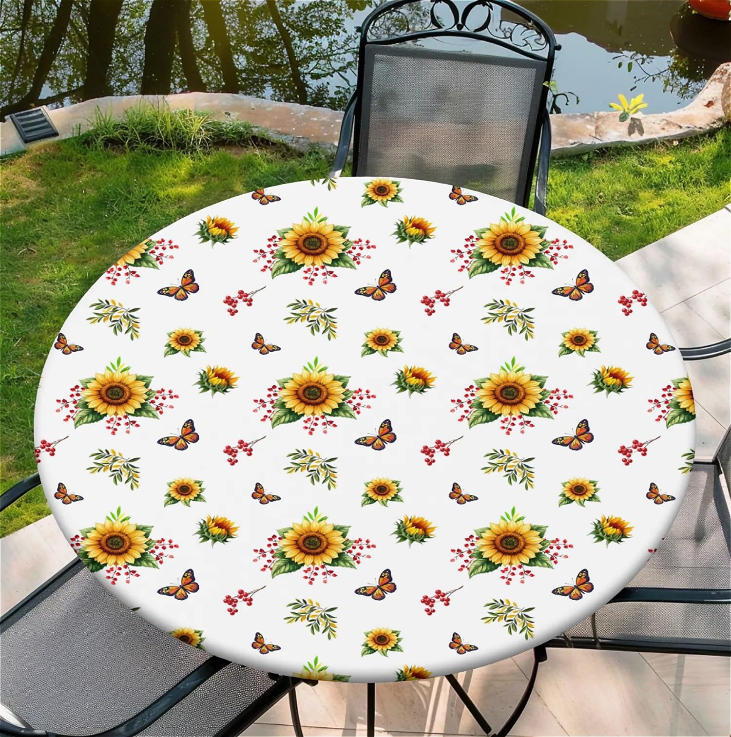ARTSGOO Round Fitted Tablecloth with Elastic Edge Design Waterproof Outdoor Fitted Table Cover Wipeable Table Cloth for 44" Round Tables - Butterfly Sunflower