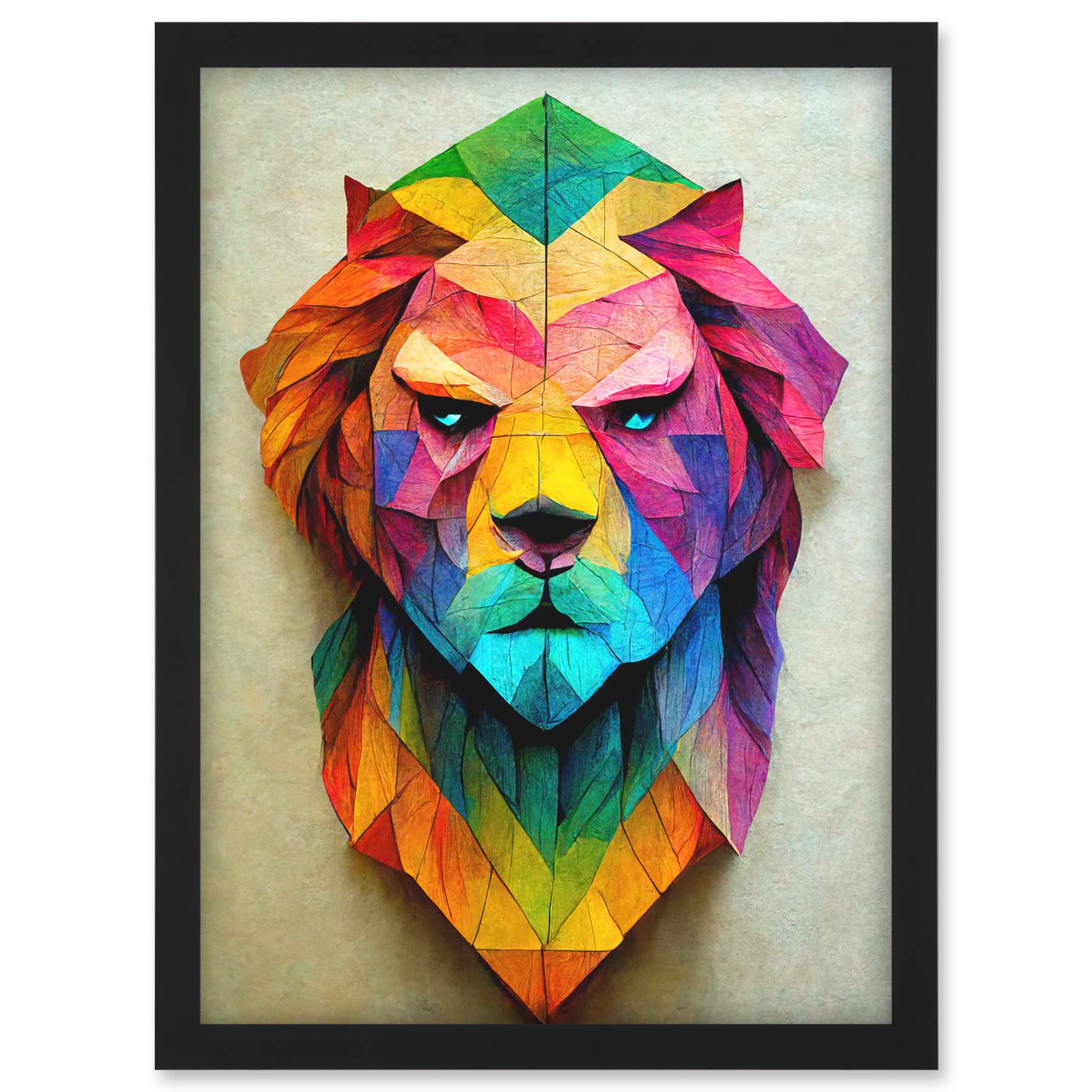 Doppelganger33 LTD Vibrant Geometric Lion Head Decoupage Artwork Framed A3 Wall Art Print