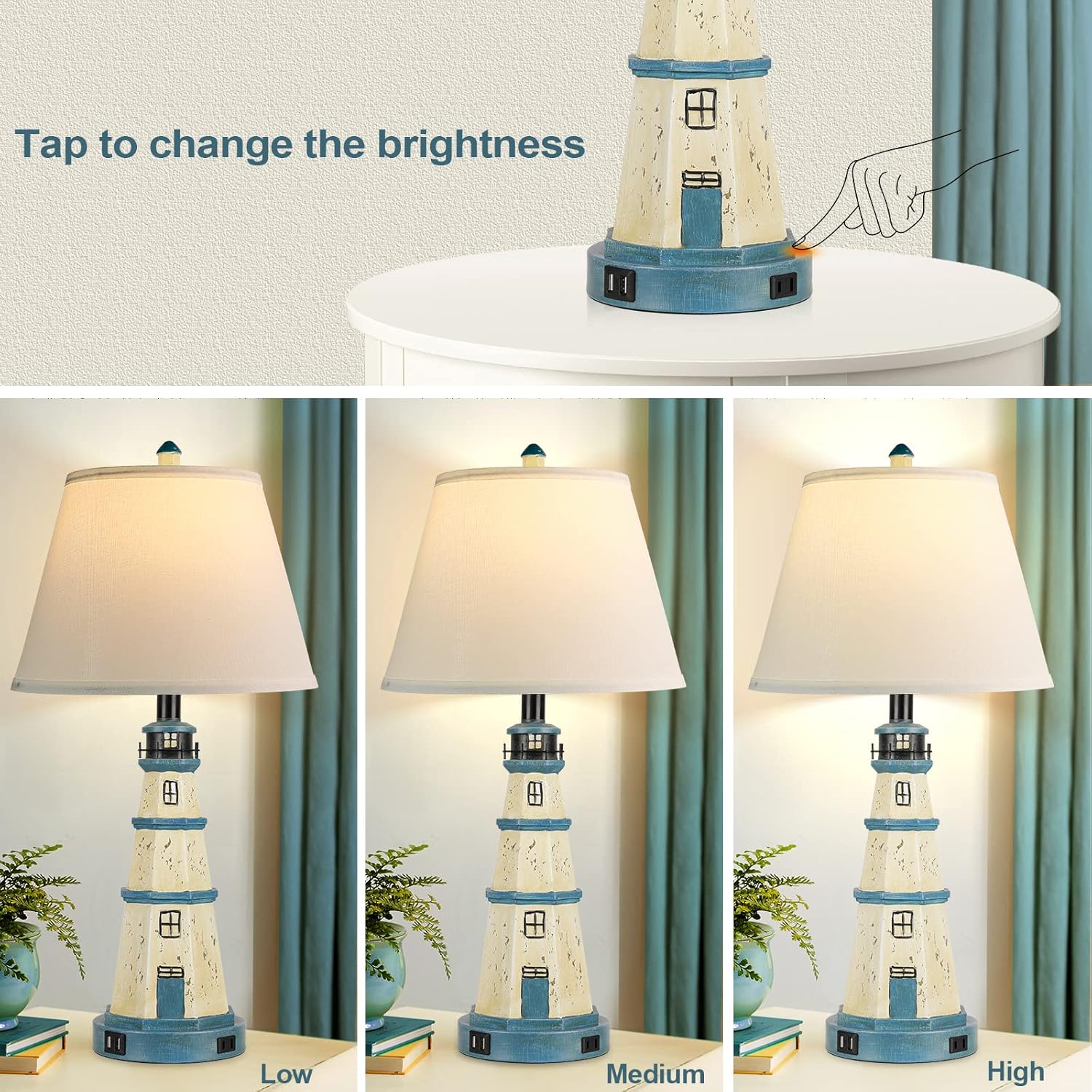 Table Lamps for Bedrooms Set of 2, 3-Way Dimmable Bedside Lamps with Dual USB Charging Ports, Modern White Blue Lighthouse Touch Control Nightstand Lamps for Living Bedroom, Bulbs Included - - 