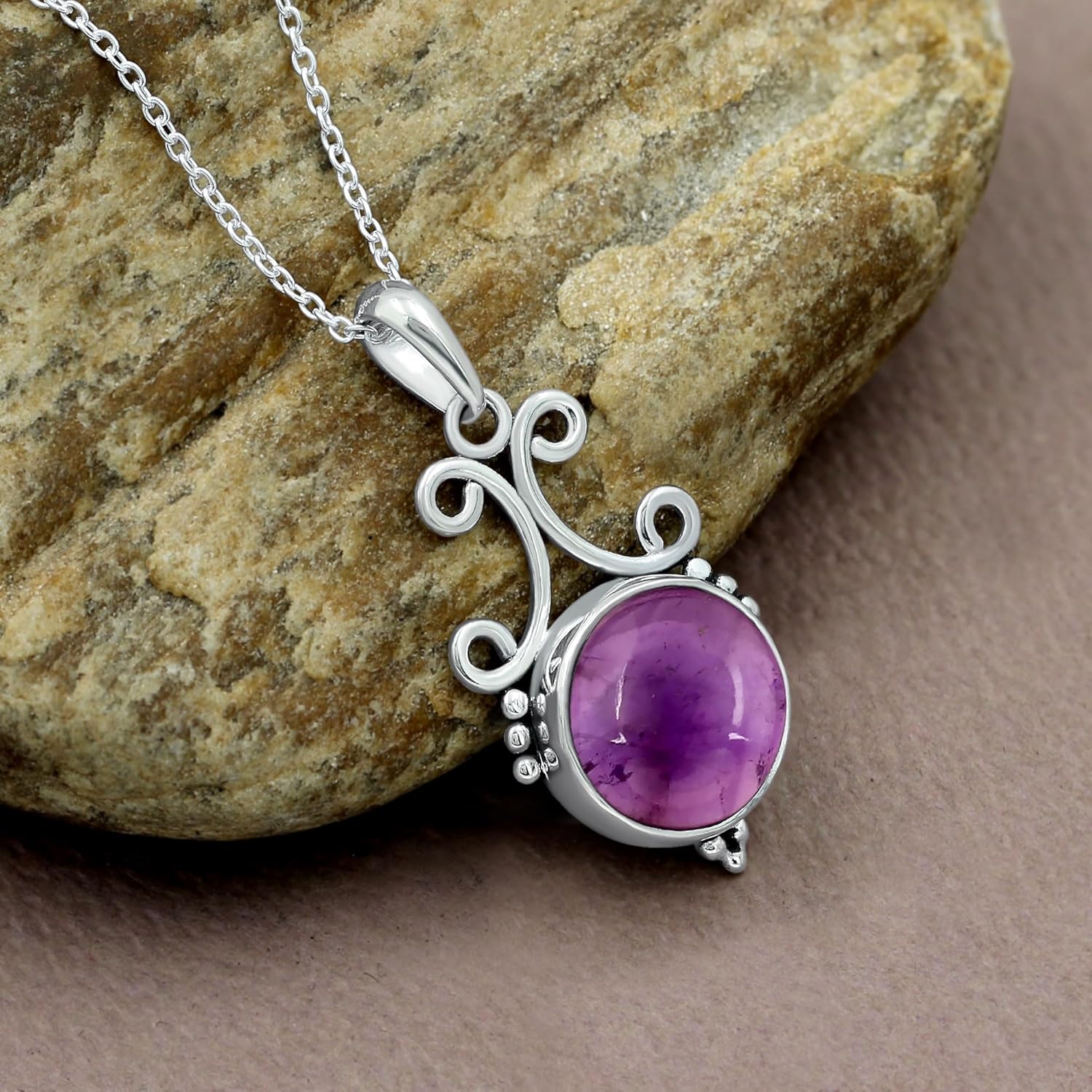 TISHAVI Natural Round Shaped Semi Precious Gemstone Pendant Necklace for Women With 18 Inch Chain, Handmade 925 Silver Pated Birthstone Pendant Necklace Jewelry, Gifts for Mom Wife Sister - Image 5