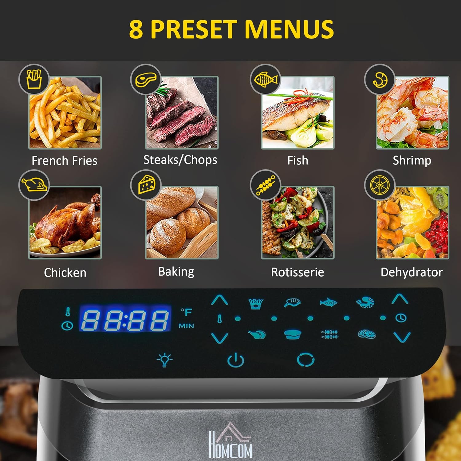 Close-up of the HOMCOM 12 QT Air Fry Oven's LED digital touchscreen display with various preset icons and temperature/timer controls.