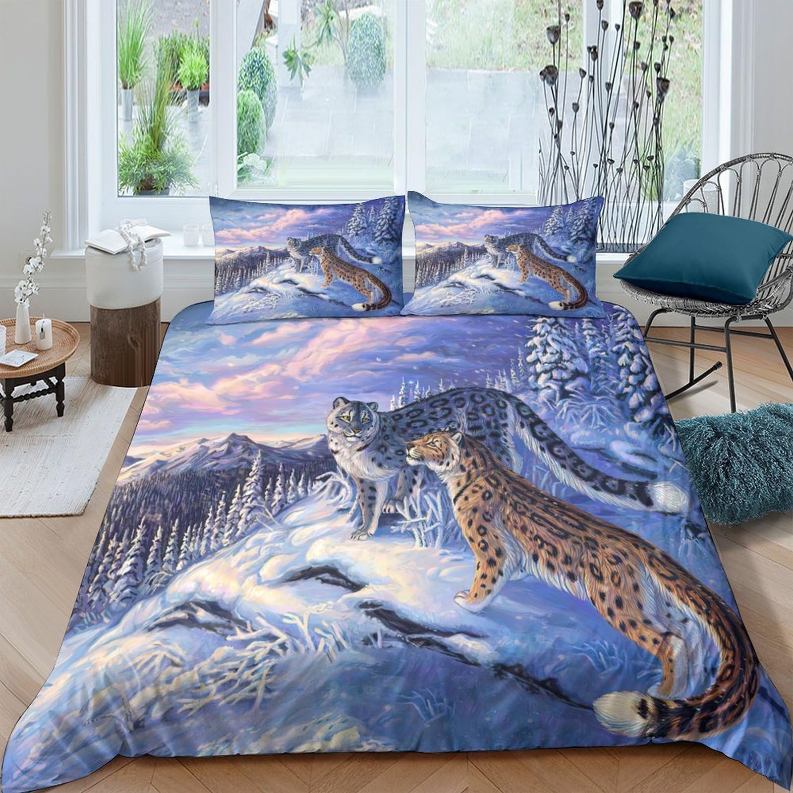 Ctjqhvkz Style-5 3D Printed Snow Mountain Wild Leopard Fitted Sheet Microfiber Anti-Slip Bed Cover Bedroom Decor Easy Care Single（135X200cm）