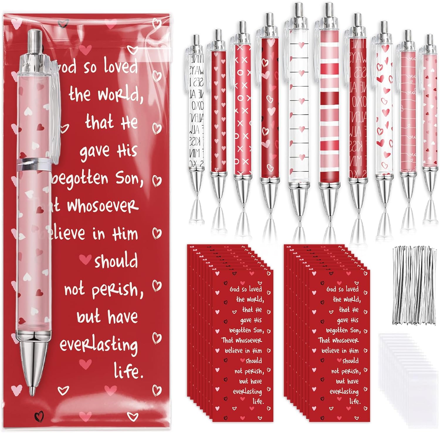 30 Sets Valentine's Day Ballpoint Pens Bulk Pink Red White Love Heart Plastic Ballpoint Pens with Bible Verse Thank You Cards for Christian Appreciation Gift Sunday School Church Party Favors
