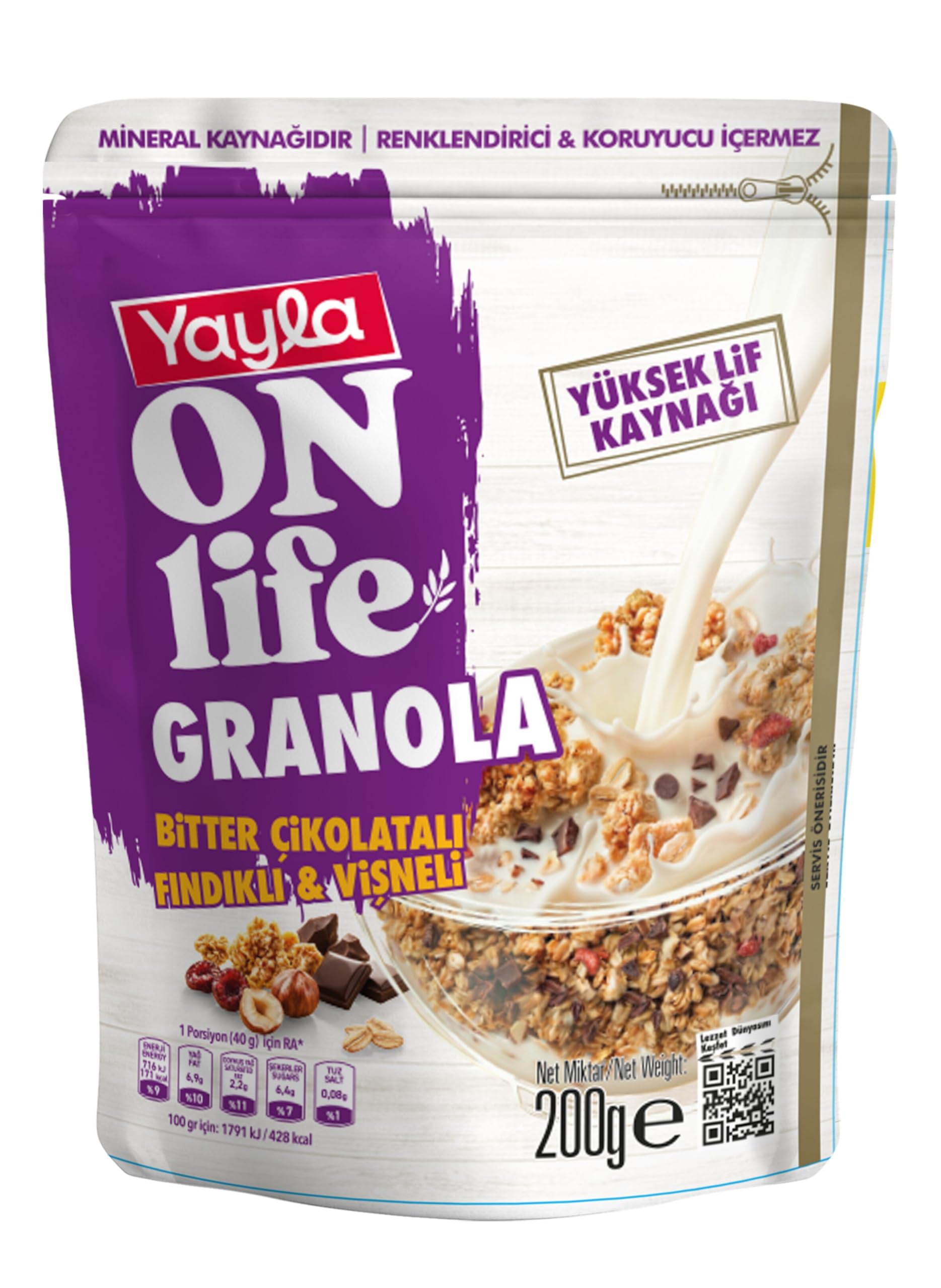 Yayla On Life Bitter Çikolatalı Fındıklı Vişneli Granola 200 Gr