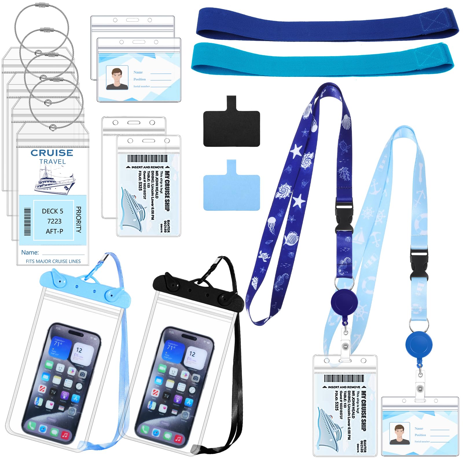 Cruise Ship Essentials 2025 Must Haves Set, 2 Pack Lanyards for Cruise Ship Cards with Id Holder and 4 Pack Cruise Luggage Tags Holder with 2 Waterproof Phone Pouch & 2 Cruise Chairs Towel Bands