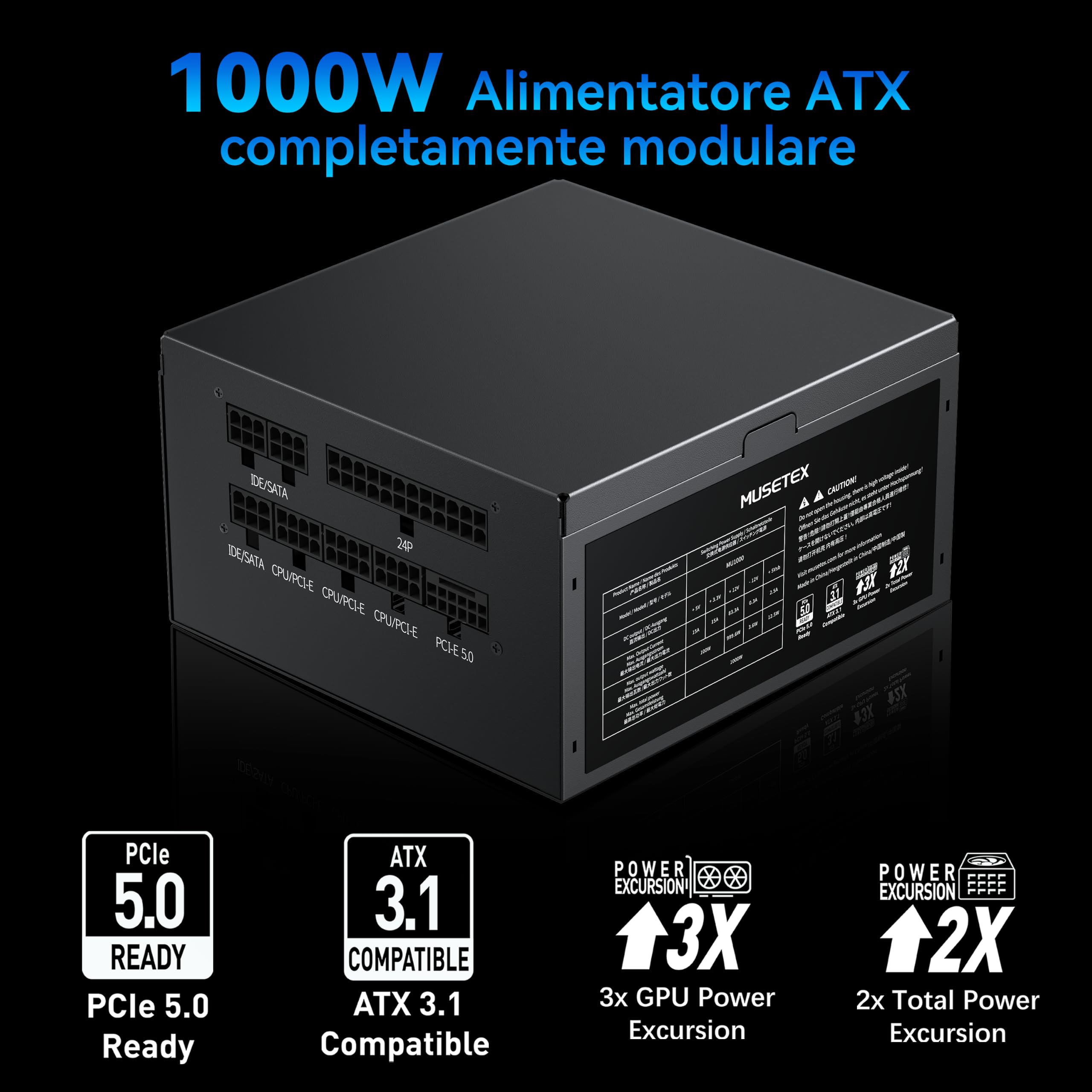 MUSETEX Alimentatore 1000W, Alimentatore ATX completamente modulare con cavo 12V-2x6, ATX 3.1 & PCIe 5.0 Alimentatore Gaming, Condensatori a 105°C, Alimentatore PC, (Nero) (MU1000)