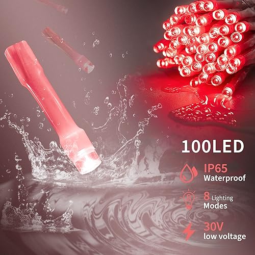 Miniatura 2 de 100 luces LED rojas de Navidad de 33 pies, 8 modos de luces LED para exteriores, impermeables, luces LED de alambre transparente para el día de San