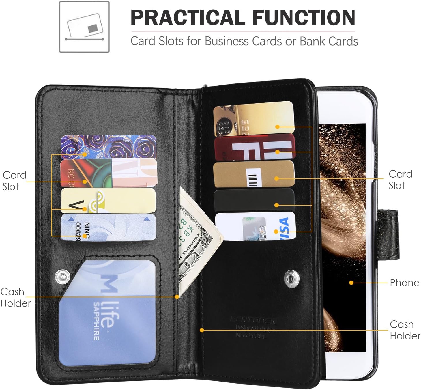 BENTOBEN iPhone 6S Plus Case,iPhone 6 Plus Wallet Case, Luxury Shiny Bling Flip Folio Wallet Case Credit Card Slots Cash Holder Nickel Plated Press Stud Wrist Strap Magnetic Snap Closure, Black